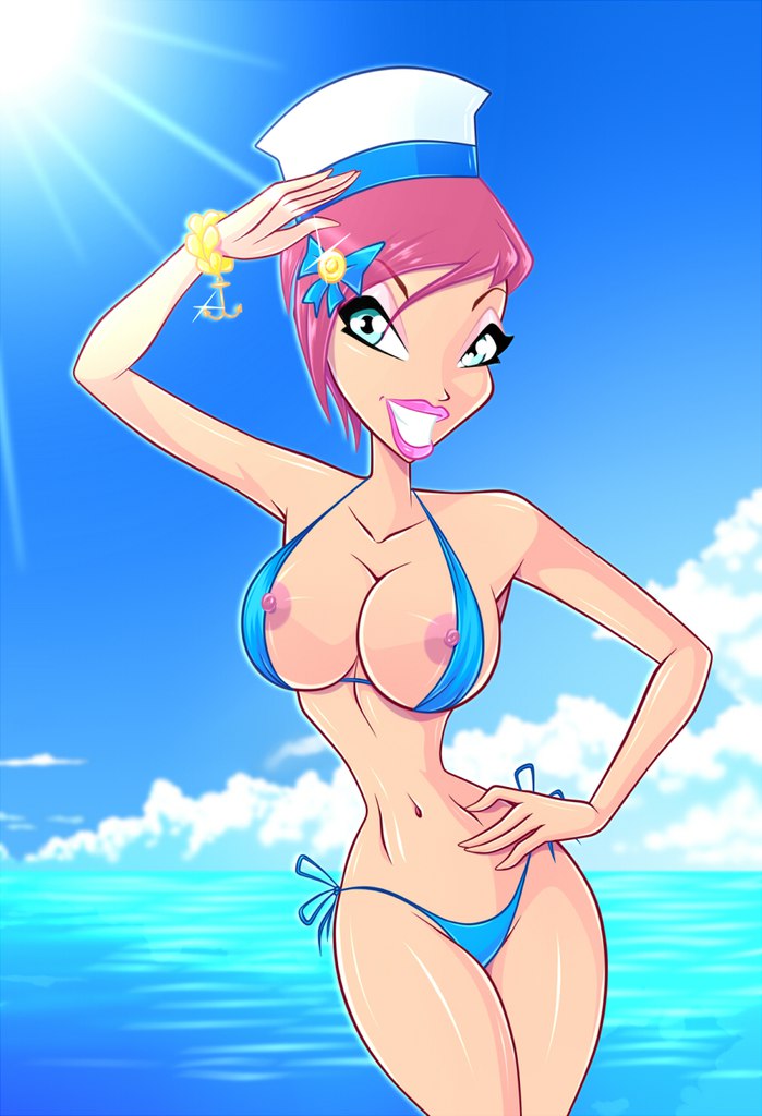 1girls areola bangle barrette beach bikini blue_eyes bracelet breasts busty cleavage erect_nipples eyeliner eyeshadow hairbow hourglass_figure human large_breasts lipstick makeup nipples ocean pink_hair rainbow_(animation_studio) sailor sailor_cap sailor_hat salute smile swimsuit tecna teenager voluptuous water winx_club zfive