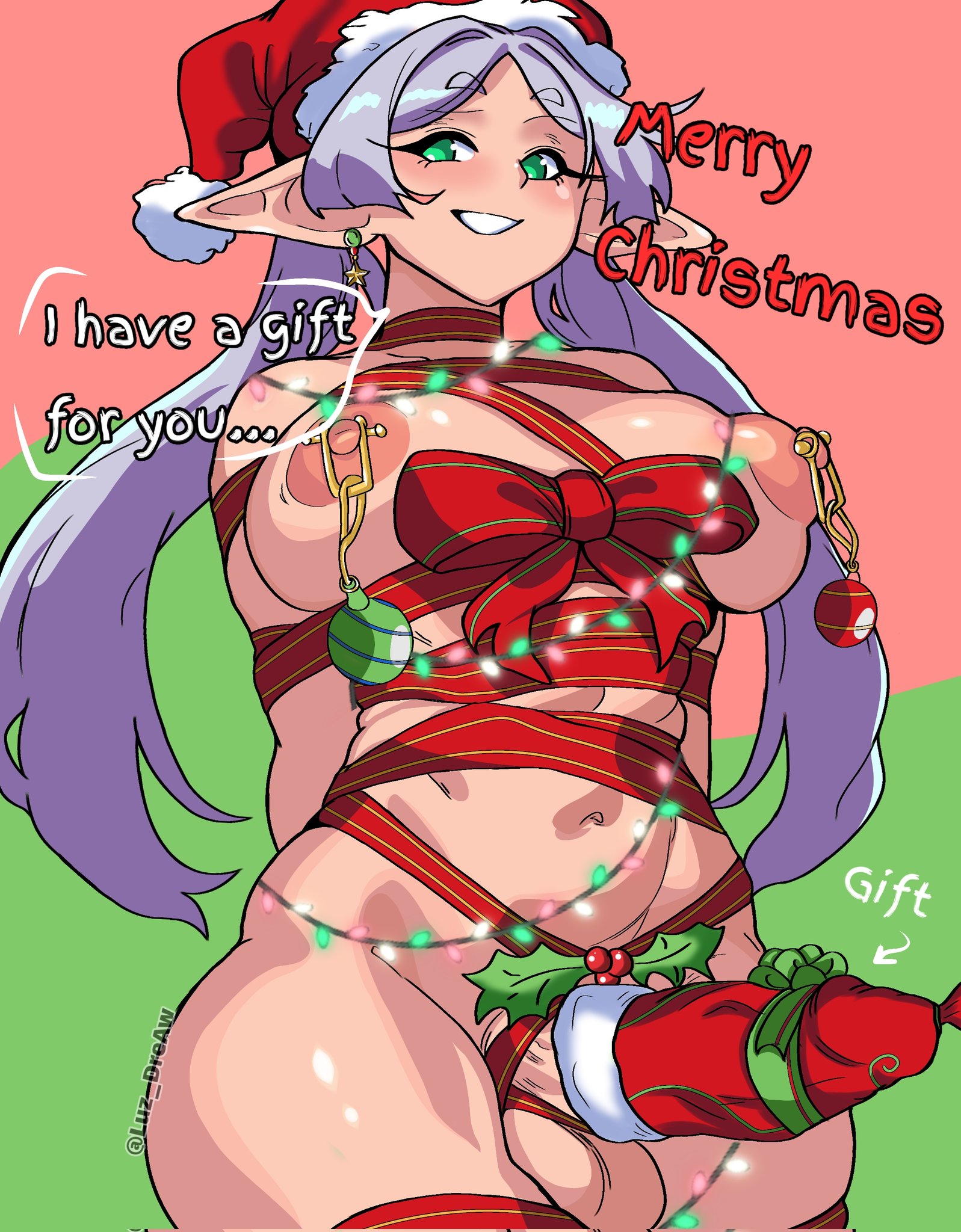 balls, breasts, christmas, elf, elf ears, frieren, frieren beyond journey's end, futanari, gift, gift wrapped, huge balls, huge breasts, huge cock, intersex, luz dreaw, nipple chain, nipple piercing, nipples, penis, piercing, sousou no frieren, white hair