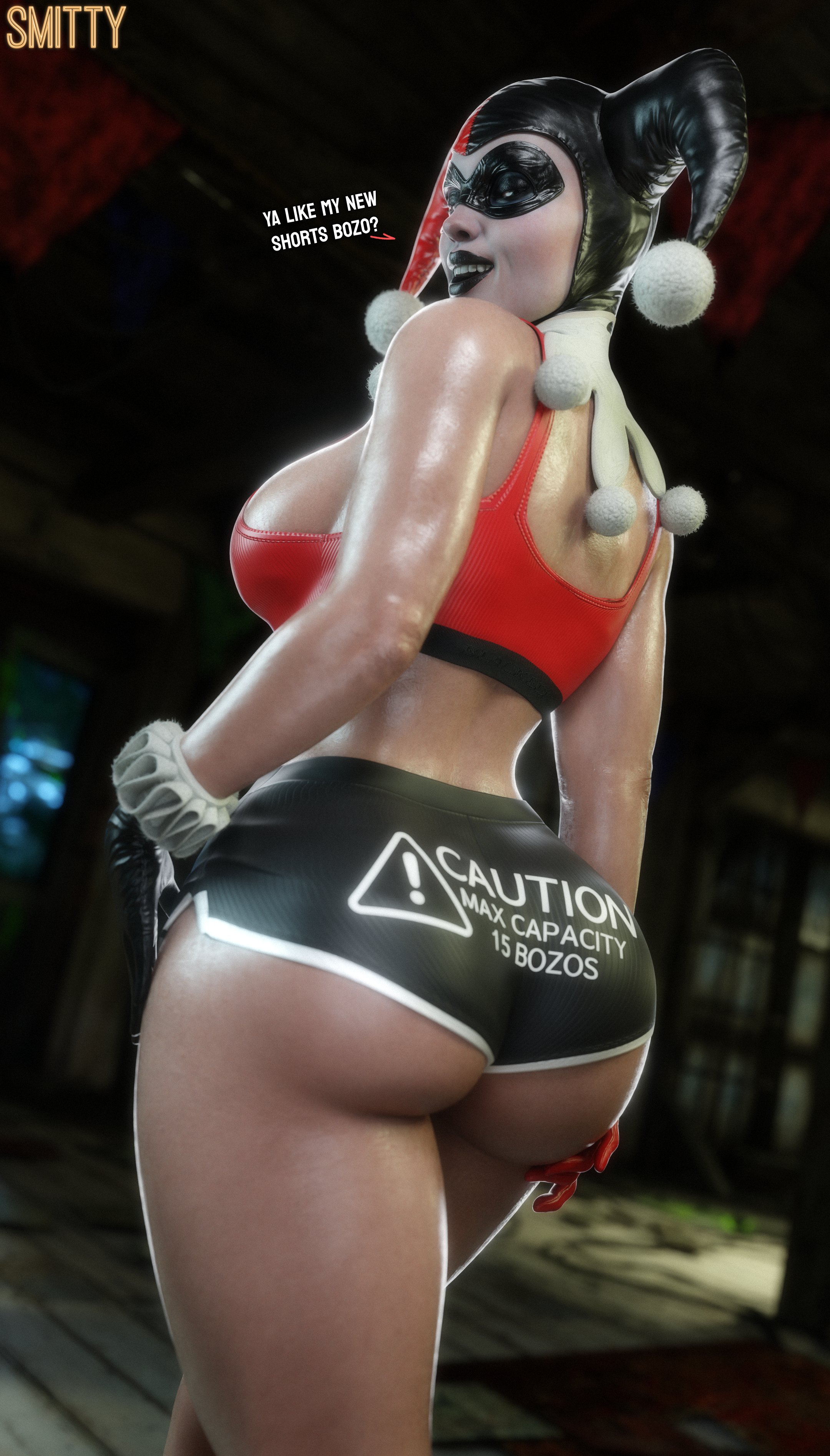 1girls, 3d, ass, ass bigger than head, ass focus, batman (series), big ass, big breasts, big thighs, booty shorts, breasts, bust, busty, clown, clown girl, curvaceous, curvy, curvy figure, dc, dc comics, female, female only, full color, harley quinn, harley quinn (classic), harley quinn (injustice), hips, hourglass figure, huge ass, huge breasts, huge thighs, injustice 2, jester, jester cap, jester girl, jester hat, large ass, large breasts, large thighs, light skin, light-skinned female, mature, mature female, no penetration, short shorts, shorts, slim waist, smitty34, solo, solo female, text, thick, thick hips, thick legs, thick thighs, thighs, voluptuous, waist, wide hips, wide thighs