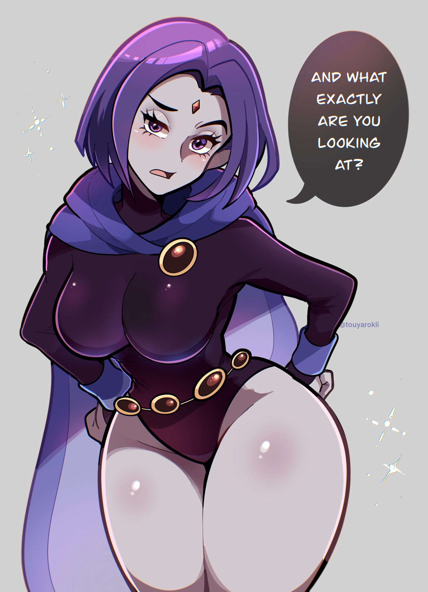 1girls, breasts, cartoon network, dc, dc comics, english text, female, female focus, female only, forehead jewel, fully clothed, goth, goth girl, large breasts, leotard, purple eyes, purple hair, rachel roth, raven (dc), revealing clothes, solo, teen titans, text, thick thighs, thighs, tight clothing, touyarokii, wide hips