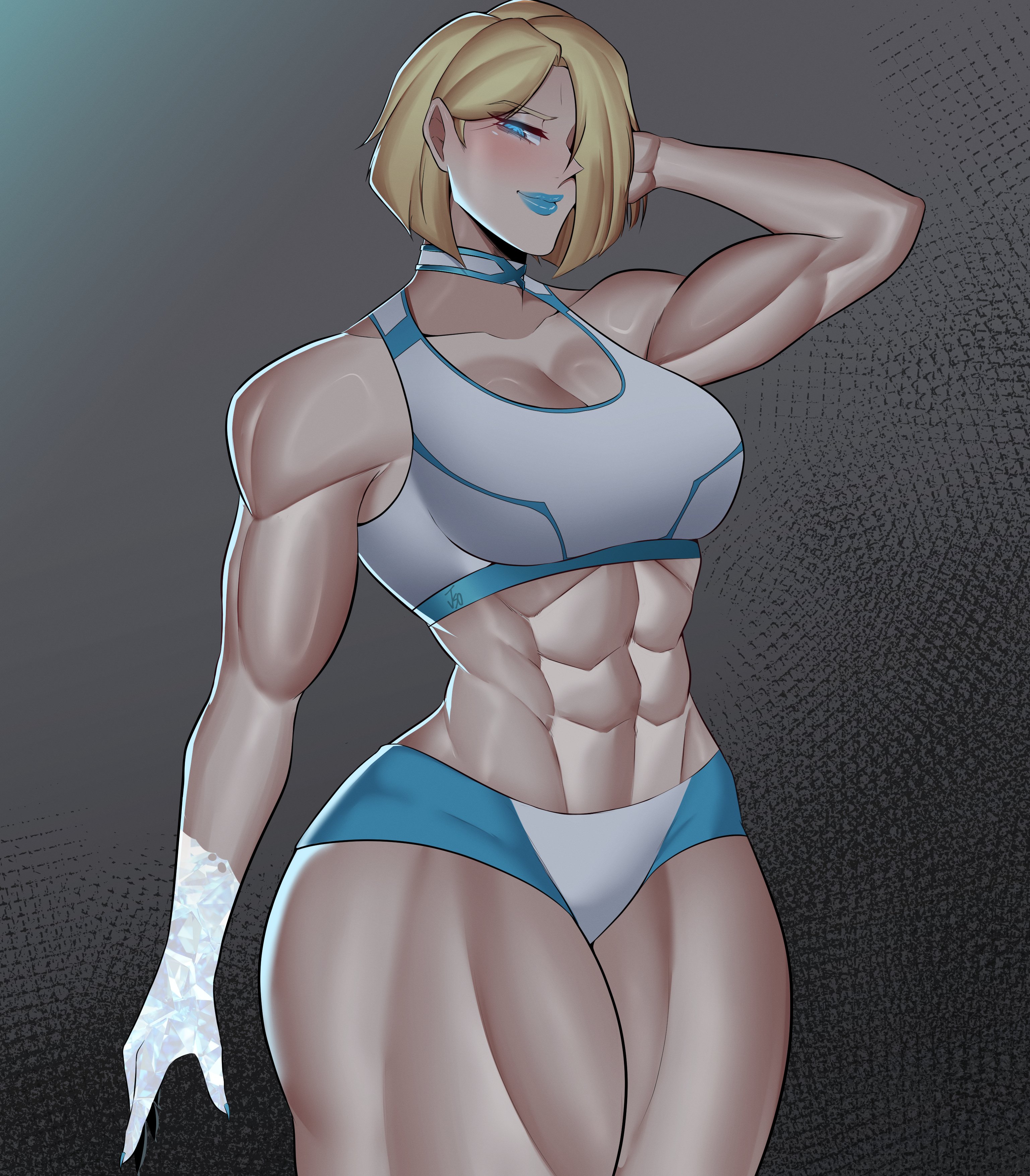 1girls, 2d, abs, absurd res, blonde female, blonde hair, blue lipstick, bob cut, breasts, emma frost, emma frost (marvel rivals), female, female focus, female only, hi res, jso, large breasts, light skin, light-skinned female, looking at viewer, marvel, marvel comics, marvel rivals, midriff, muscular, muscular female, muscular thighs, solo, thick thighs, thighs, wide hips