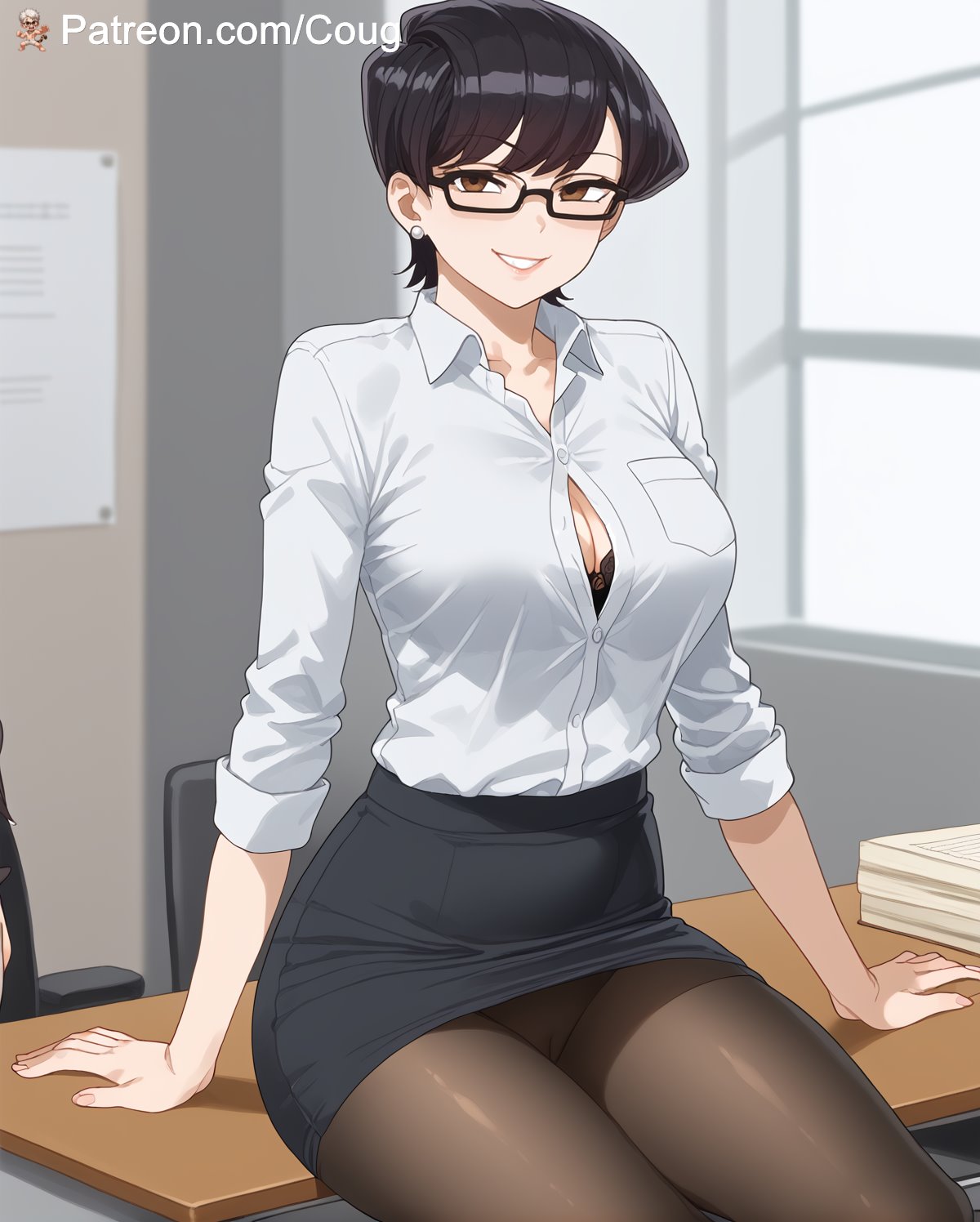 ai assisted, ai generated, bedroom eyes, black bra, black eyes, black hair, black skirt, bra, bra peek, breasts, cleavage, coug, ear piercing, exposed cleavage, female, female only, glasses, komi shuuko, komi-san wa komyushou desu, large breasts, miniskirt, naughty face, office clothing, office lady, pantyhose, pencil skirt, pussy, pussy peek, secretary, secretary outfit, seductive, short hair, smile, stable diffusion, tight clothing, white shirt