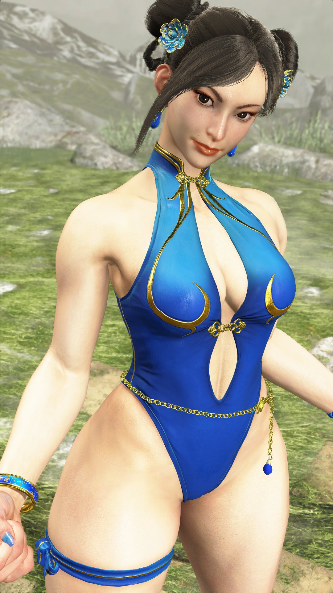 1girls, 3d, asian, asian female, black hair, blue nails, brown eyes, capcom, chinese female, chun-li, chun-li (street fighter 6), cleavage, earrings, female, female only, fighting game, hairbun, shoulders, solo, street fighter, street fighter 6, swimsuit, thighs, video games