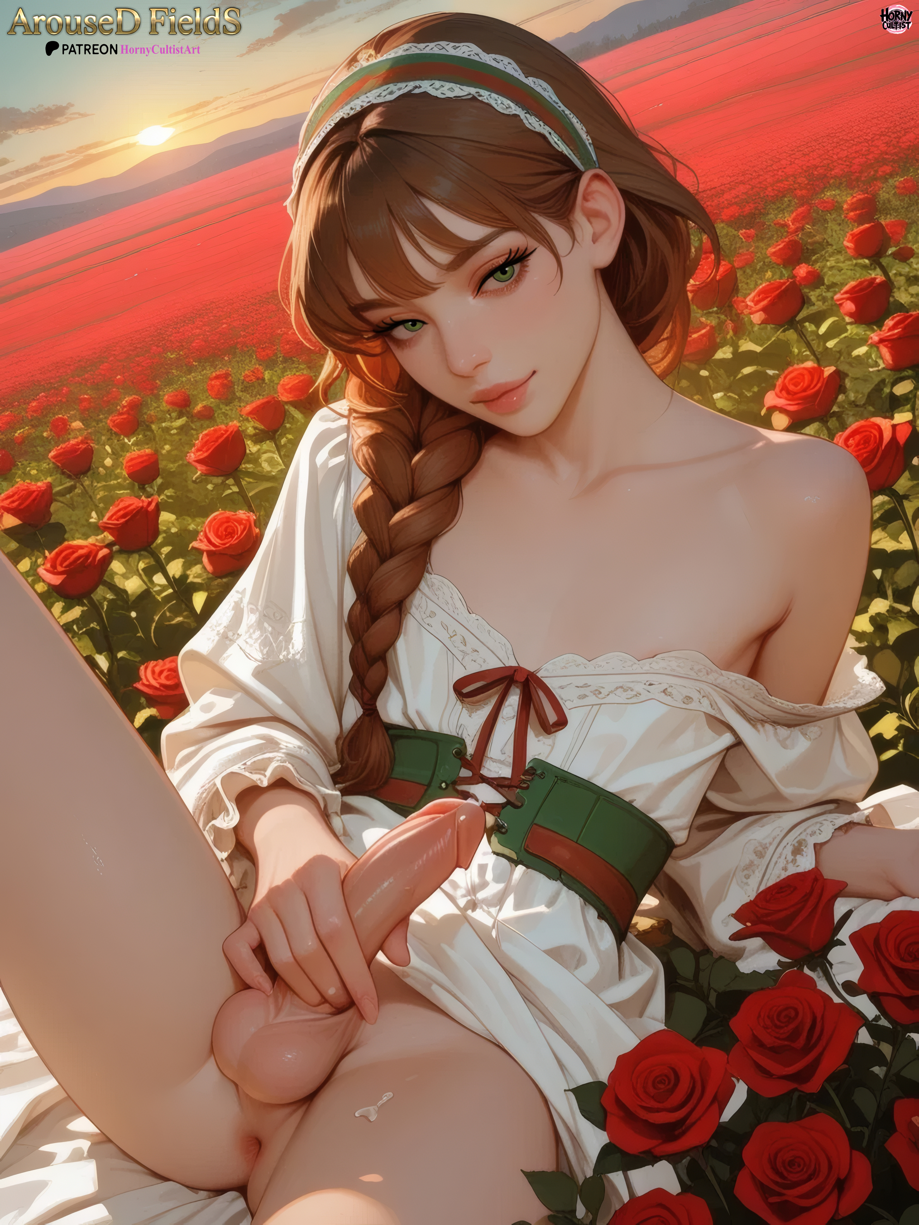 ai generated, anus, anus peek, braid, brunette, brunette femboy, brunette only, clothed, cute, erection, exposed balls, exposed penis, femboy, femboy only, feminine, flat chest, flat chested femboy, green eyes, horny cultist artist, light skinned femboy, patreon, penis, realistic proportions, rose, sexy, smile, solo, stroking penis, traditional clothes, trap