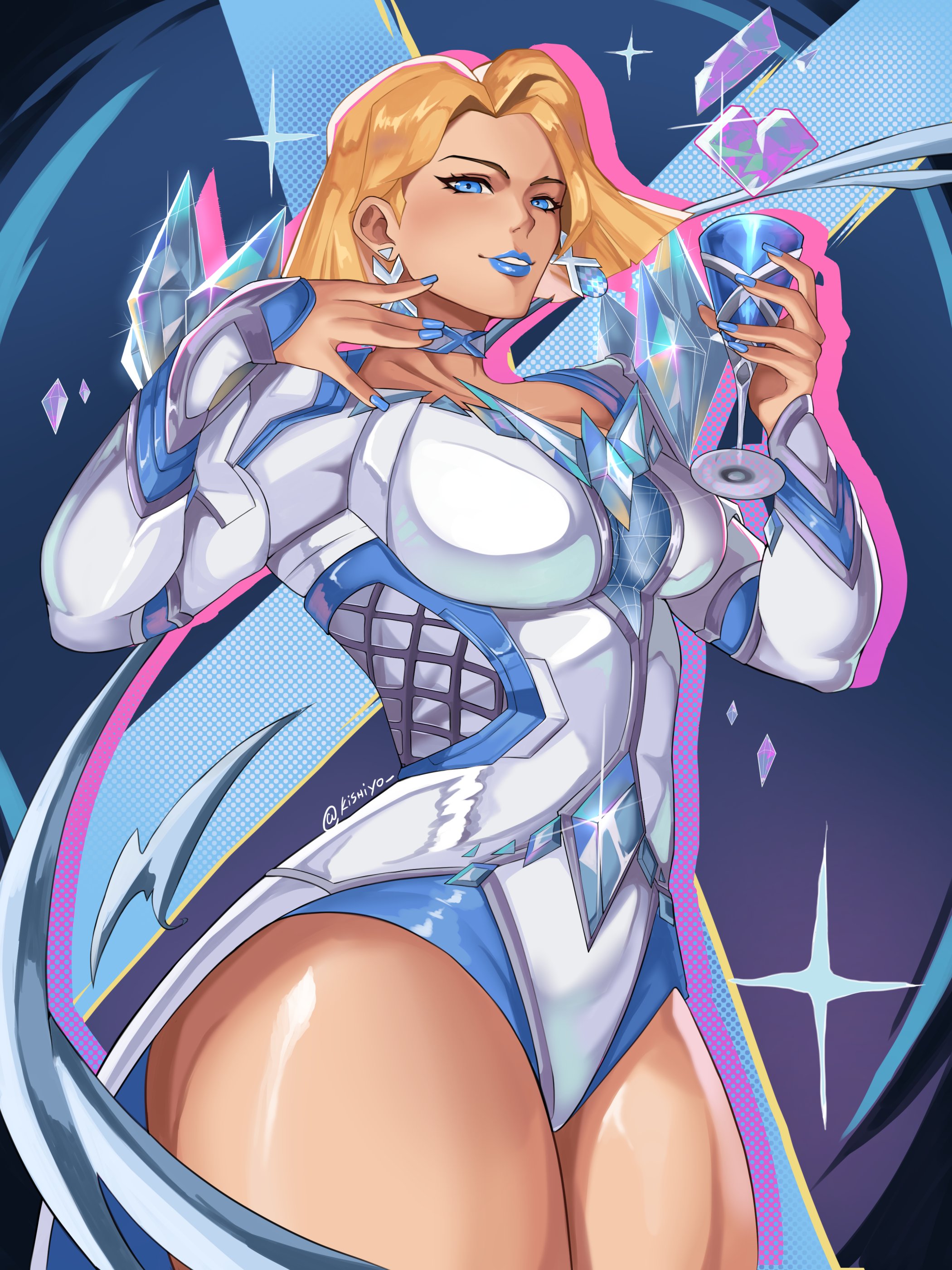 1girls, absurd res, athletic, athletic female, athletic thighs, big breasts, blonde female, blonde hair, blue lipstick, blue nails, bob cut, breasts, emma frost, emma frost (marvel rivals), female, female focus, female only, hi res, kishiyo, large breasts, leotard, light skin, light-skinned female, looking at viewer, marvel, marvel comics, marvel rivals, thick thighs, thighs, wide hips