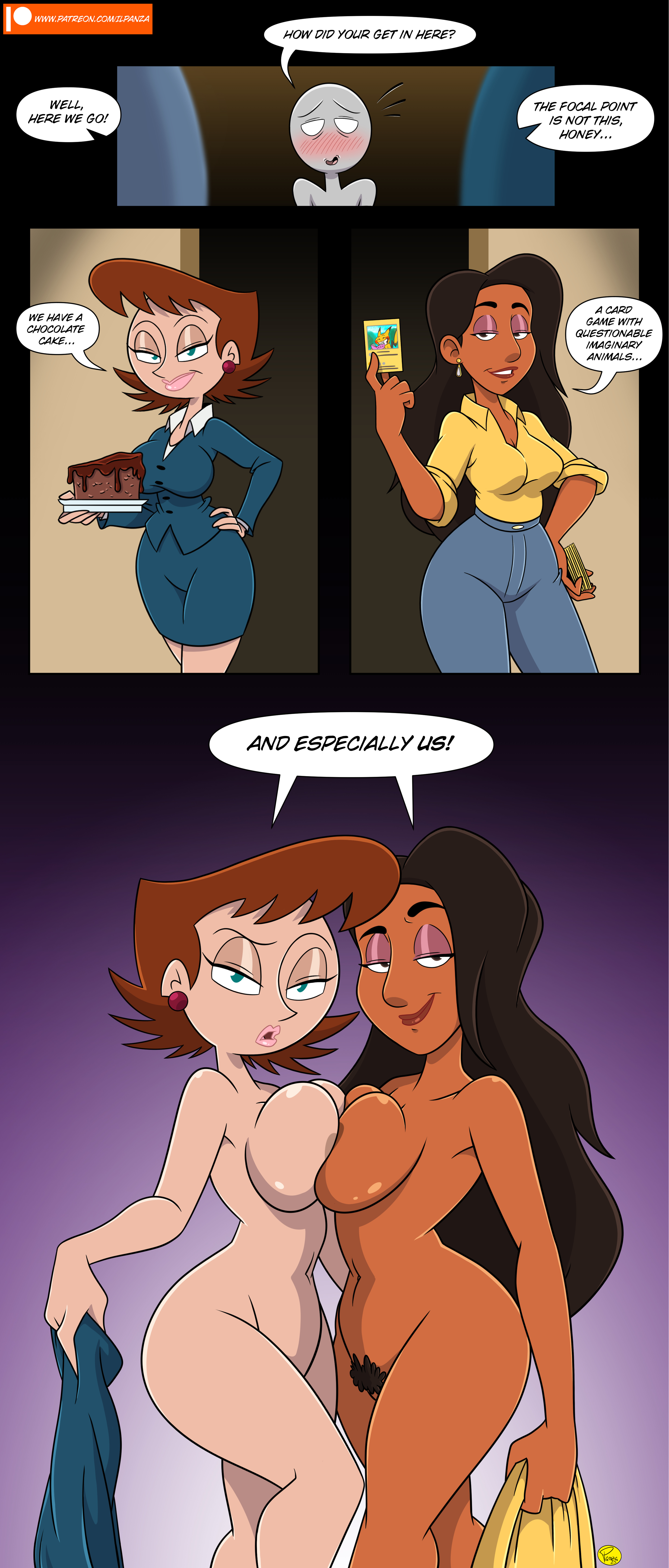 2girls, ava's mother (pokemon), black hair, blush, crossover, dark skin, eastern and western character, female, ilpanza, johnny test (series), lila test, long hair, milf, nude, nude female, pokemon, pokemon: path to the peak, pubic hair