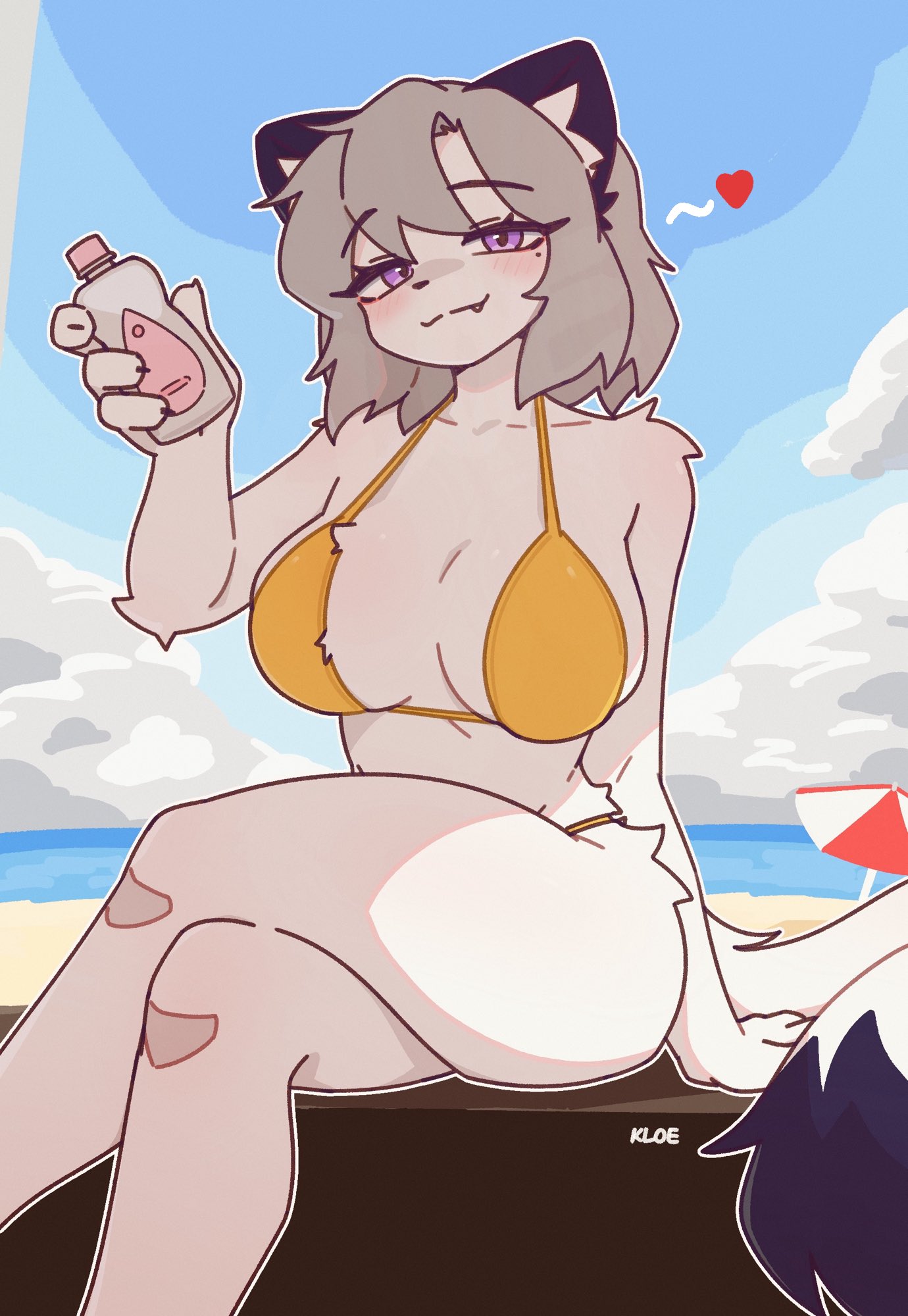 2025, ass, beach, bikini, blush, breasts, female, female only, fur, furry, golden bikini, kloe mone, kloe mone (character), legs, looking at viewer, thighs, twitter username, violet eyes, weasel, weasel girl, white fur
