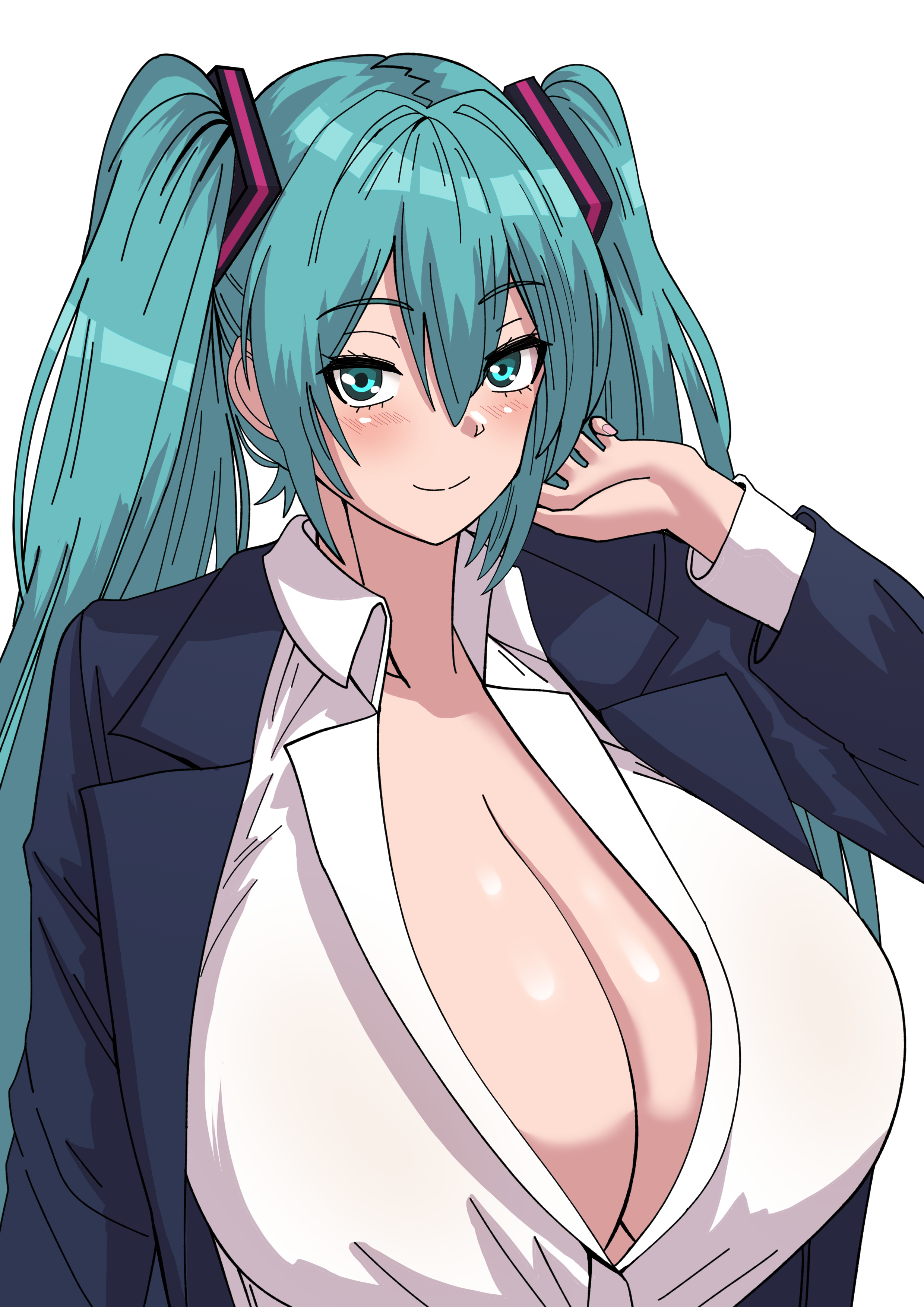 1girl, alternate breast size, aqua eyes, aqua hair, blue eyes, blue hair, blush, blush lines, blushing at viewer, breast focus, breasts, breasts bigger than head, cleavage, cleavage window, enormous breasts, female, female focus, female only, formal, hatsune miku, huge breasts, jacket, long hair, looking at viewer, massive breasts, no bra, open clothes, open jacket, open shirt, shirt, simple background, smile, smiling at viewer, solo, twintails, upper body, vocaloid, white background, white shirt, yuhancyan