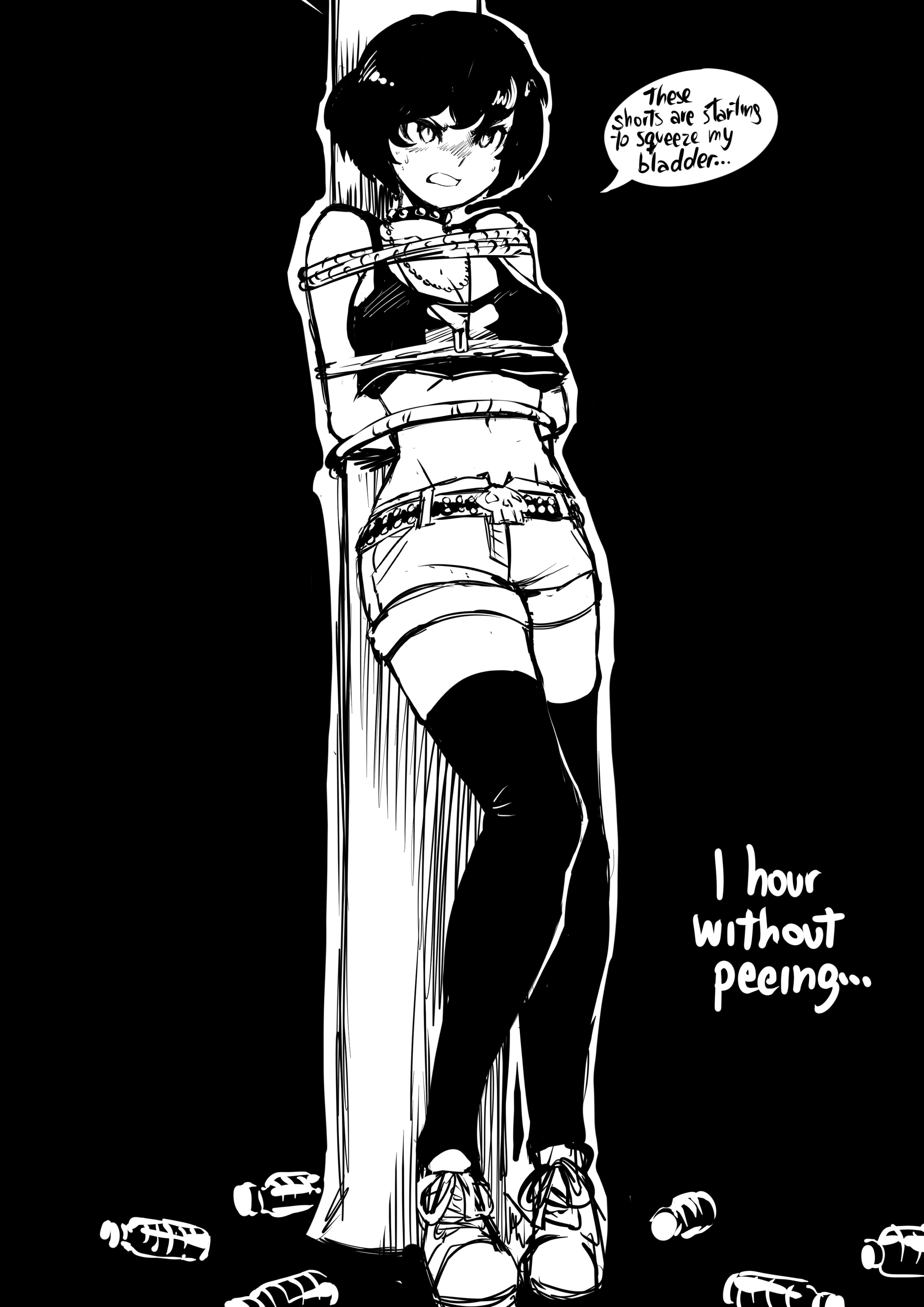 1girls, biku, black hair, black thighhighs, breasts, choker, cleavage, clenched teeth, dialogue, english dialogue, english text, female, have to pee, navel, necklace, original, restrained, rope, rope bondage, shoes, short hair, shorts, sneakers, solo, spiked choker, thighhighs, tied up, zoe (biku)