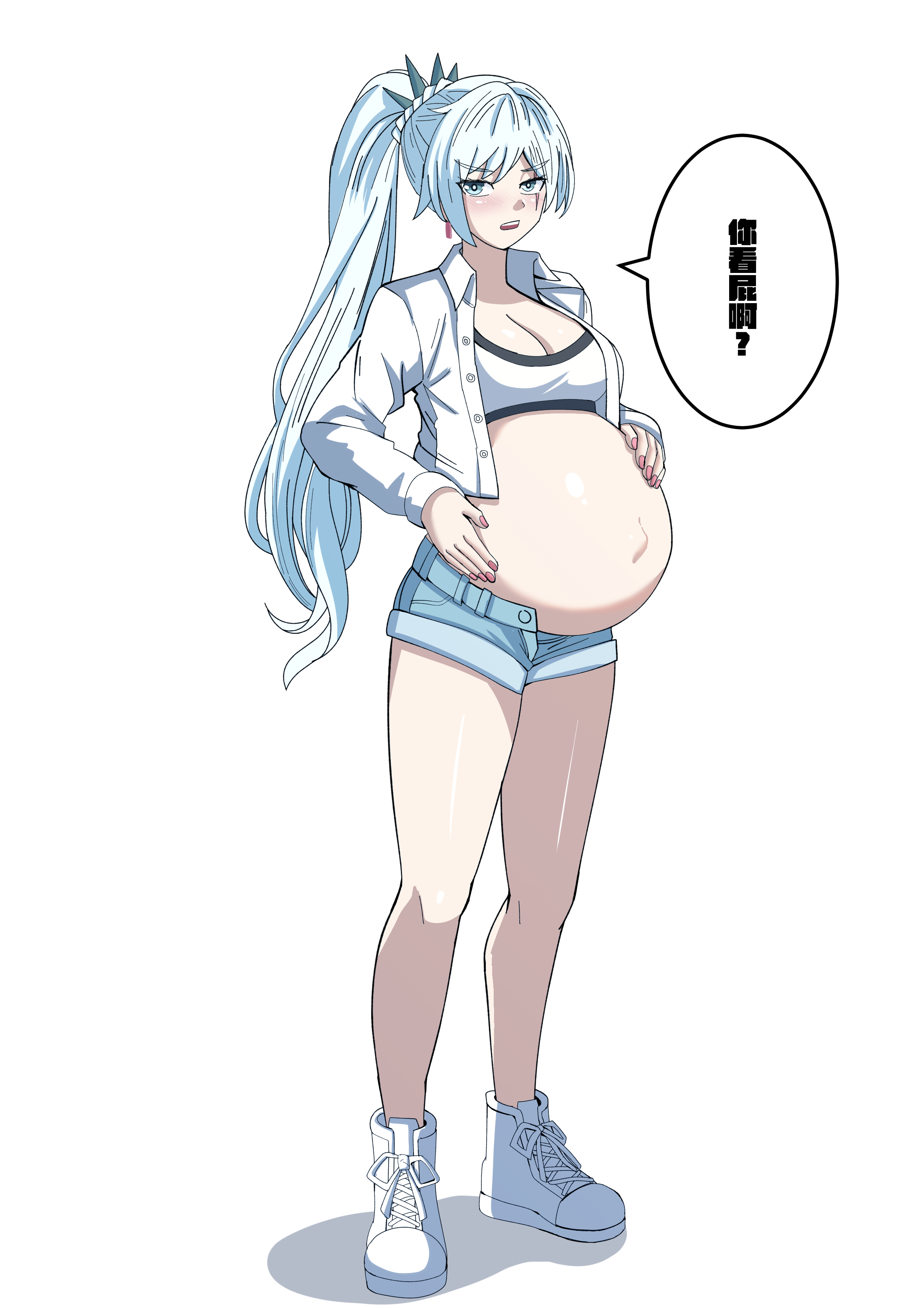bare legs, bare midriff, blue eyes, booty shorts, female, female focus, female only, full body, hand on belly, hands on belly, long hair, nails painted, open jacket, outie navel, ponytail, pregnant, pregnant female, rwby, scar, scar across eye, scar on face, short shorts, sports bra, thick thighs, thighs, translation request, weiss schnee, white hair, yuhancyan