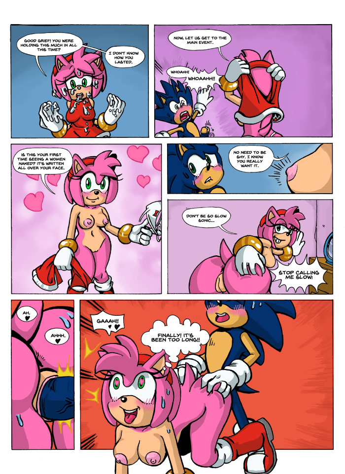 <3_eyes 1boy 1girls all_fours amy_rose anthro anus areolae ass bent_over big_ass blush breasts clothing comic cum cum_on_clothes cum_on_face dialogue doggy_style duo english_text female from_behind furry heart hedgehog humor invite large_breasts male mammal nipples omegazuel panties penis pink_fur pussy sex shocked sonic_(series) sonic_the_hedgehog speech_bubble straight striptease teasing text underwear undressing vaginal_penetration