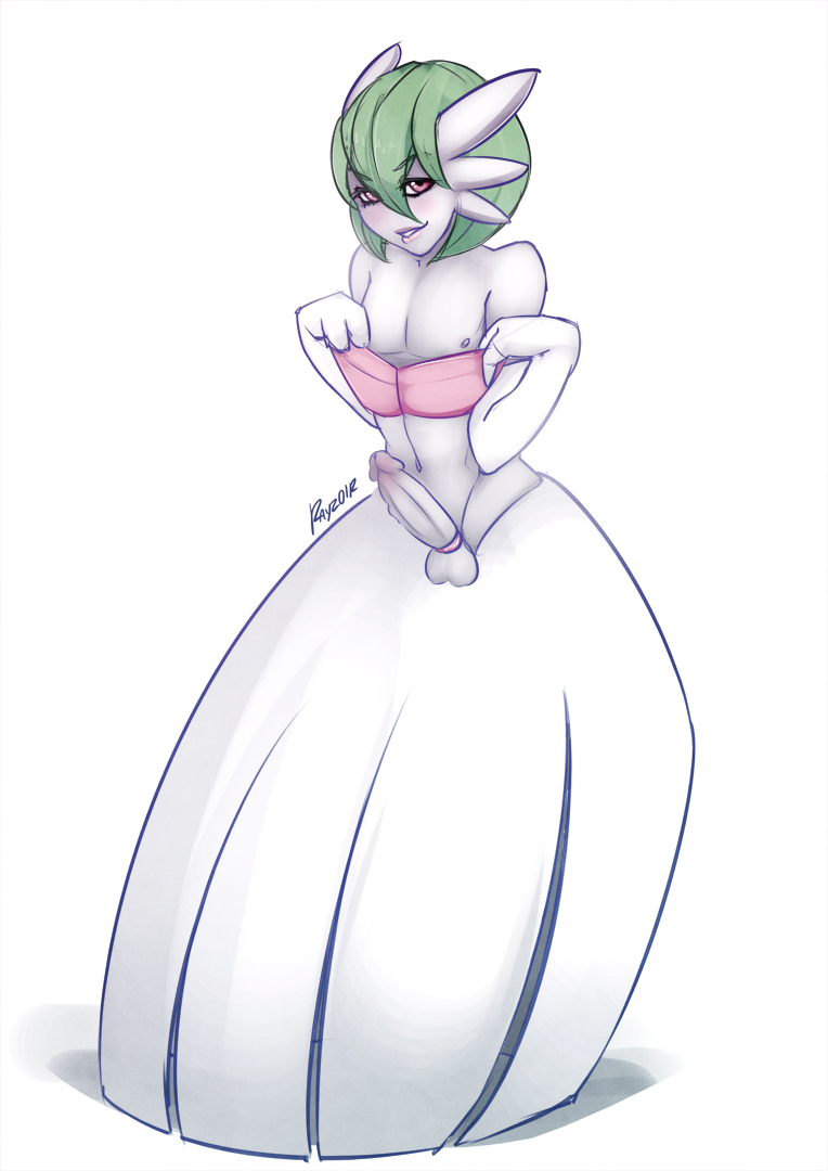 1boy, 2 fingers, androgynous, balls, english text, femboy, gardevoir, girly, green hair, looking at viewer, male, male gardevoir, male only, male pokemon, mega gardevoir, nintendo, nipples, penis, pink eyes, plain background, pokemon, pokemon (species), pokemon rse, rayzoir, solo, teeth, testicles, text, trap, white background