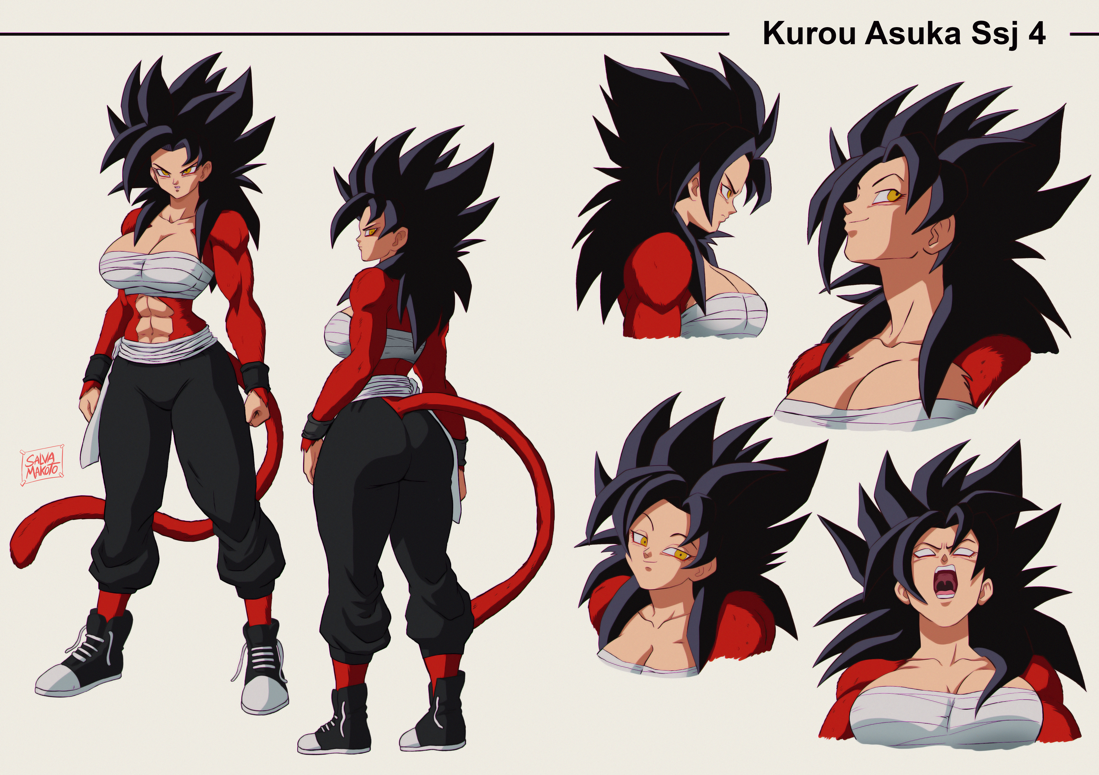 ass, big ass, big breasts, black hair, breasts, dragon ball, dragon ball xenoverse, female, female only, female saiyan, fur, kurou asuka, large breasts, model sheet, oc, original, original character, saiyan female, saiyan tail, salvamakoto, smiling, super saiyan, super saiyan 4, yellow eyes