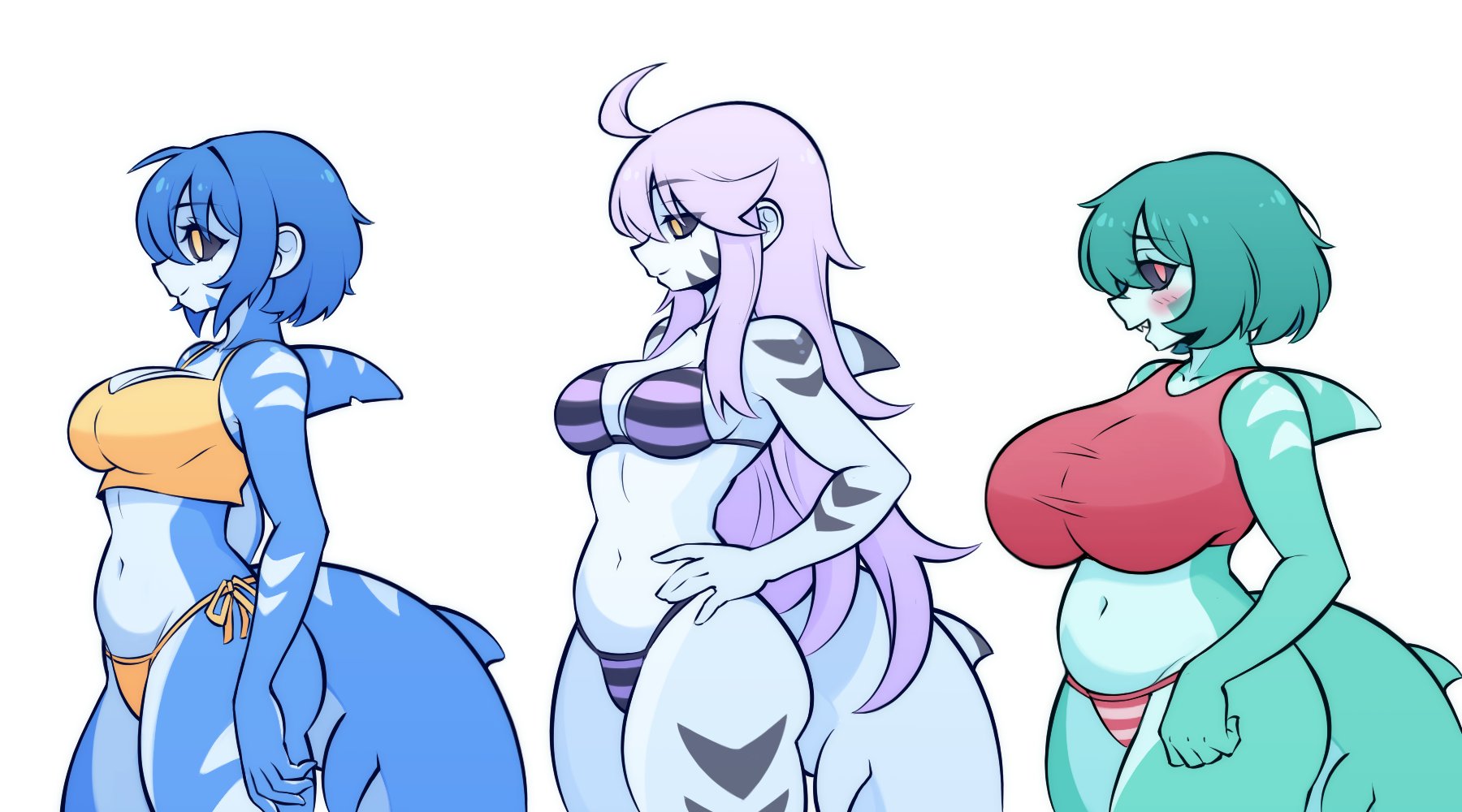 2024, 3girls, anthro, bikini, black sclera, blue hair, blush, breasts, carpinchor, cleavage, curvy, female, gold bikini, green hair, hand on hip, huge breasts, large breasts, layla (carpinchor), long hair, marine, mora (carpinchor), naomi (carpinchor), navel, original, pink hair, purple bikini, red bikini, red eyes, shark girl, sharp teeth, short hair, side-tie bikini, standing, striped bikini, thighs, yellow eyes