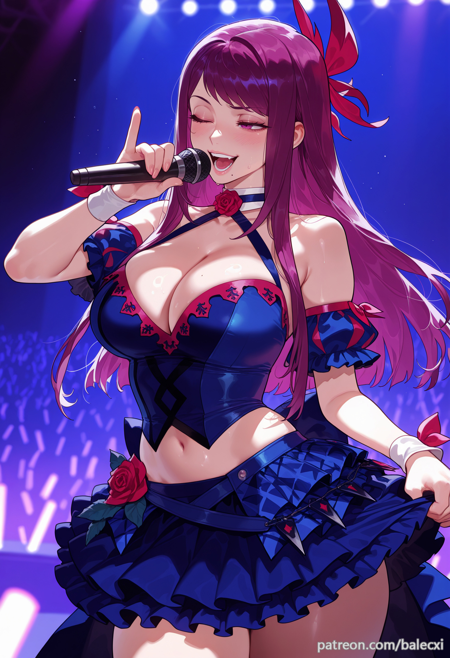 ai generated, balecxi, bare shoulders, breasts, cleavage, detached sleeves, female, fire emblem, fire emblem engage, flower, glowstick, hair ornament, holding, holding microphone, idol, ivy (fire emblem), large breasts, layered skirt, long hair, microphone, midriff, mole, mole under mouth, navel, one eye closed, open mouth, patreon username, purple eyes, purple hair, rose, short sleeves, smile, solo, thighs