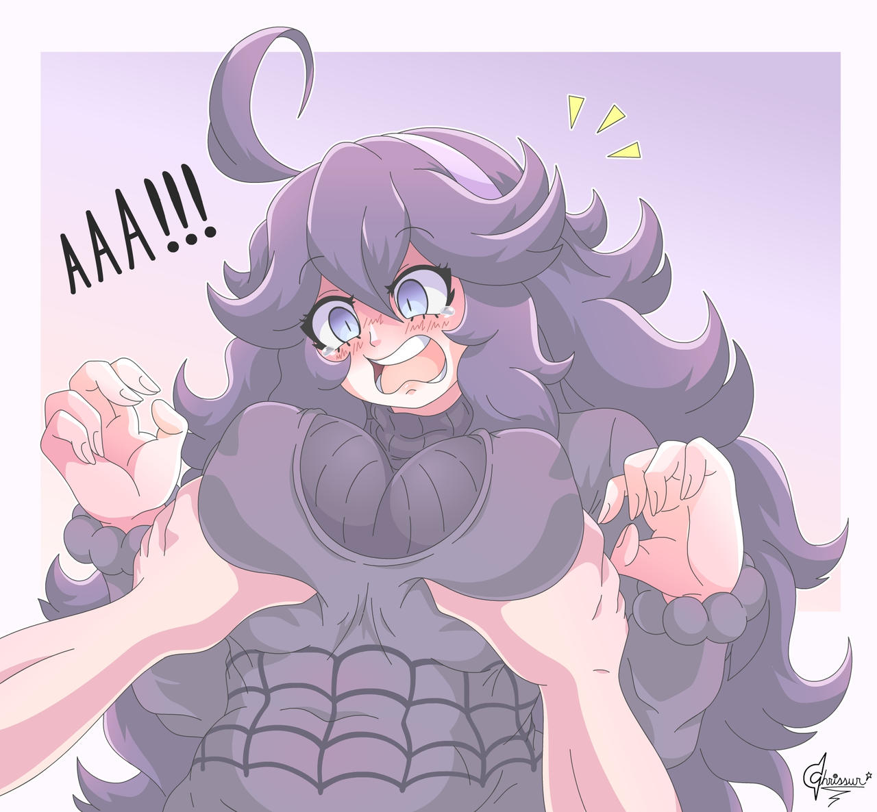 1girls, blue eyes, blush, breast grab, breasts, breasts bigger than head, english text, female, groping, groping breasts, hands on breasts, hex maniac, hex maniac (pokemon xy), huge breasts, offscreen character, pokemon, pokemon rgby, purple hair, questionable consent, shocked, shocked expression, simple background, slightly chubby, surprise breast grab, surprised, sweater, tears, tears in eyes, yelling