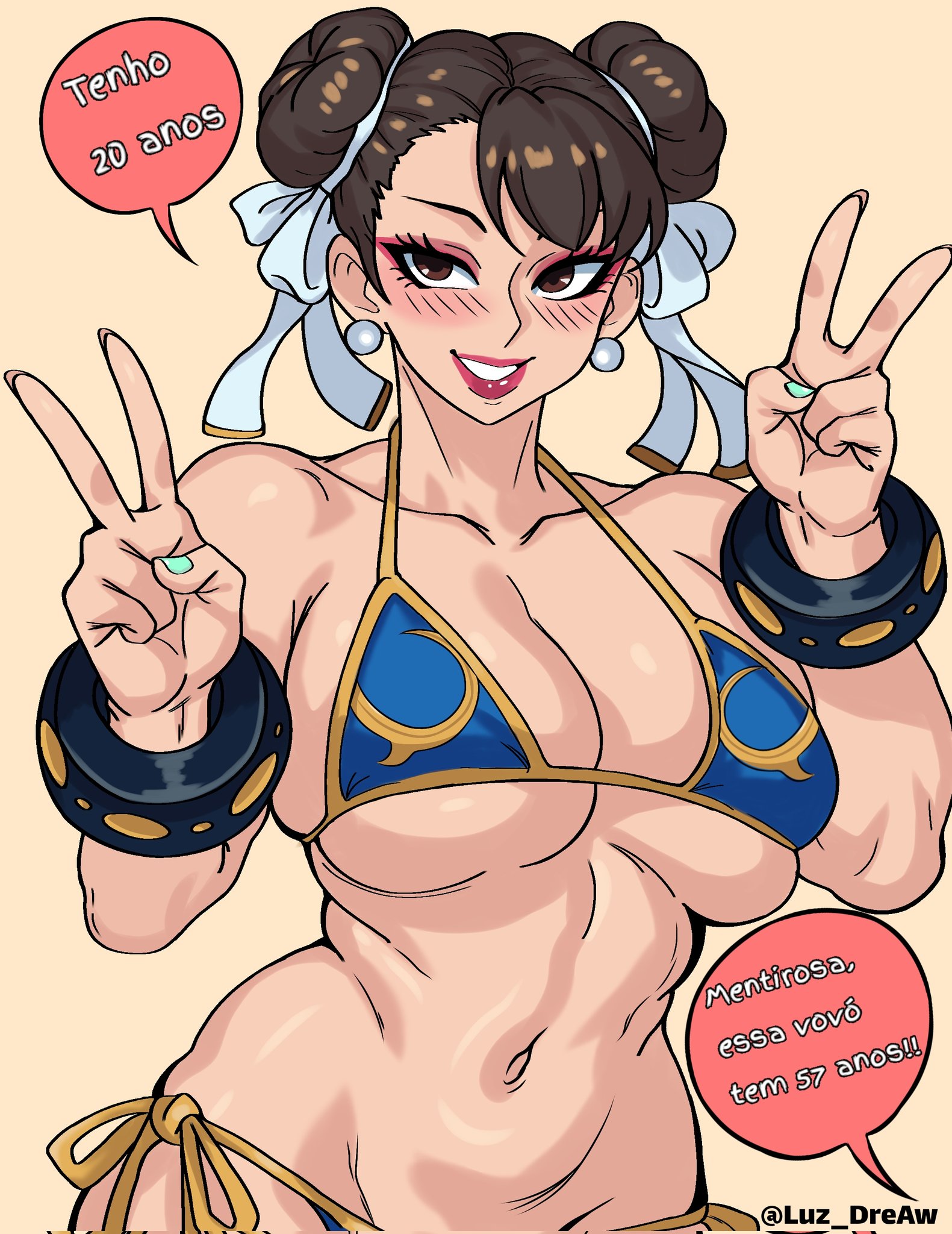 2d, asian, asian female, bikini, breasts, brown hair, chun-li, dialogue, double peace sign, female, huge breasts, luz dreaw, makeup, peace sign, portuguese text, simple background, solo, solo focus, speech bubble, street fighter, twitter username, unseen character