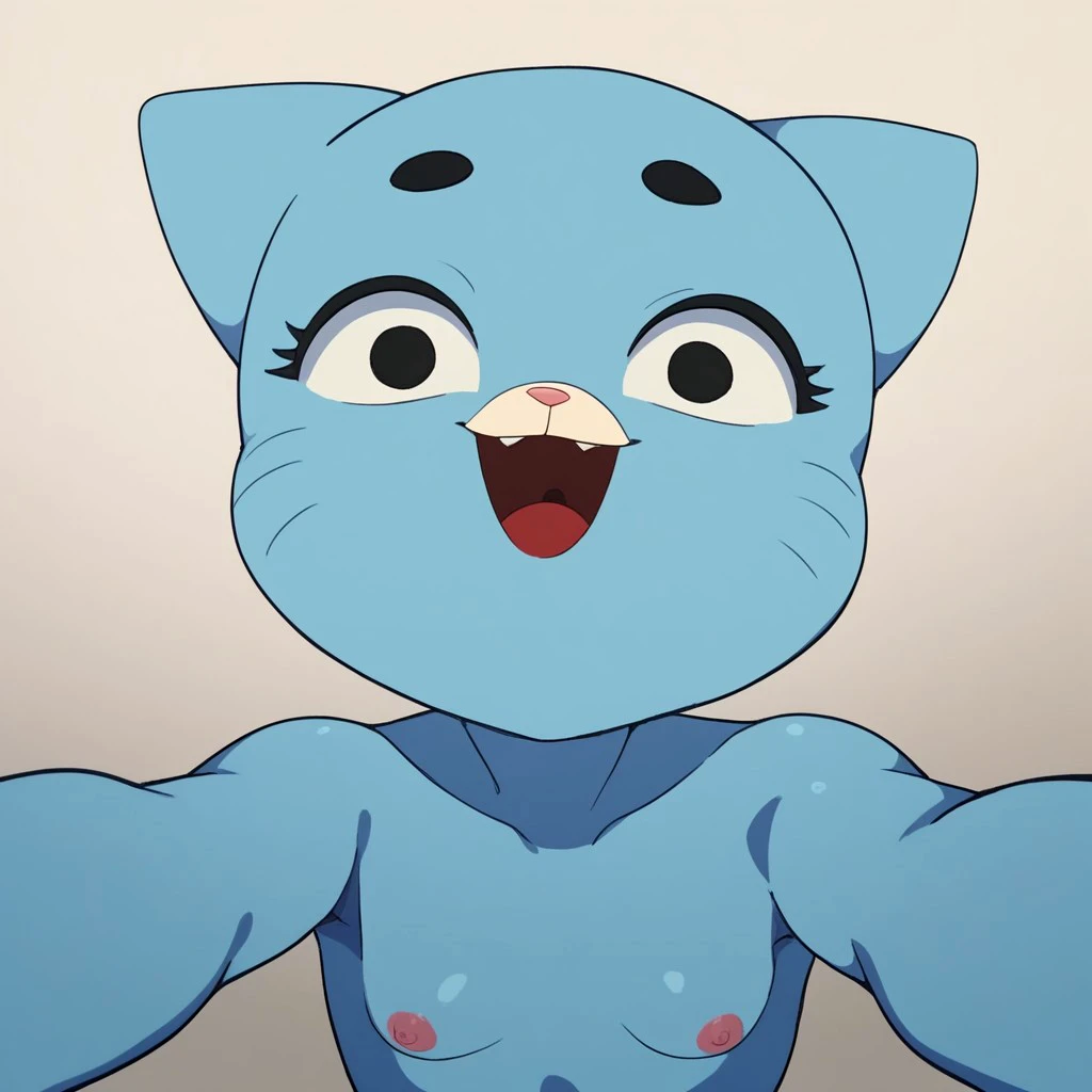 ai assisted, ai generated, anthro, blue body, blue fur, breasts, cat girl, catgirl, feline, female, fur, furry, horny face, horny female, nicole watterson, on top, pleasure face, pov, small breasts, small tits, the amazing world of gumball