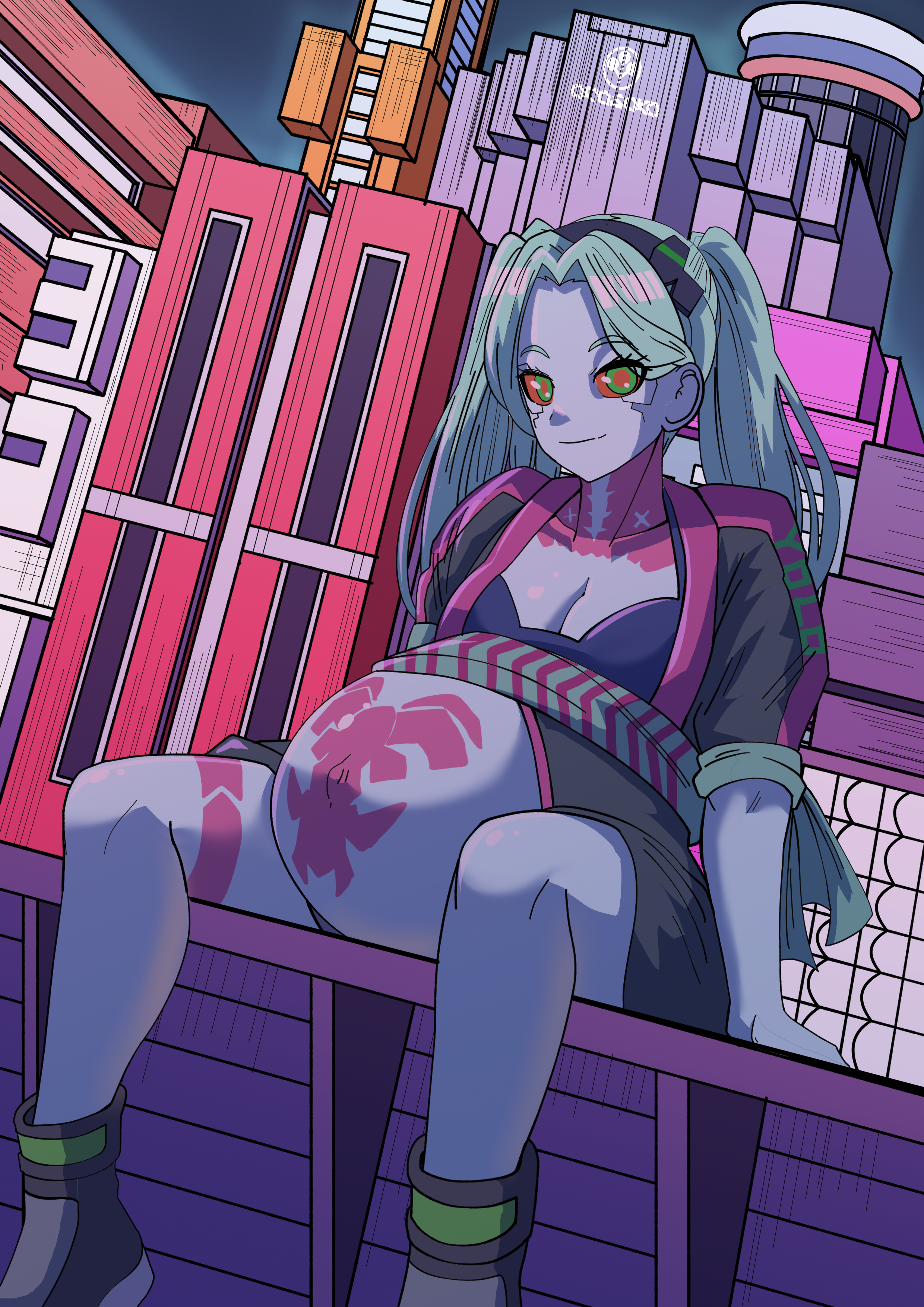 bare legs, bare midriff, blue hair, blue skin, breasts, cityscape, cleavage, clothing, cyberpunk: edgerunners, detailed background, female, female focus, female only, happy, happy female, human, jacket, looking at viewer, open yukata, outerwear, outie navel, pale skin, pregnant, pregnant female, rebecca (edgerunners), red eyes, sitting, sitting on ledge, small breasts, smile, smiling, smiling at viewer, tattoos, thick thighs, thighs, yuhancyan, yukata