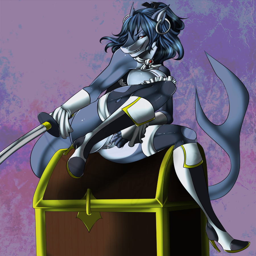 anthro blue_background blue_hair blue_skin breasts ear_piercing female fingering fish furry half-closed_eyes looking_at_viewer marine masturbation melee_weapon multicolored_hair myloveless piercing plain_background pussy pussy_juice shark sharp_teeth simple_background sitting smile solo sword teeth two_tone_hair vaginal_penetration weapon