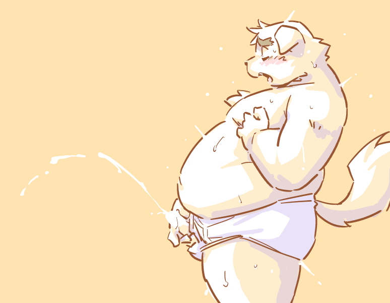 2025 anthro belly big_belly bodily_fluids canid canine canis closed_eyes clothing cum domestic_dog ejaculation genital_fluids kemono male male_only mammal masturbation moobs namihira_kousuke overweight overweight_male simple_background solo takagi_kyou trouble_(series) underwear