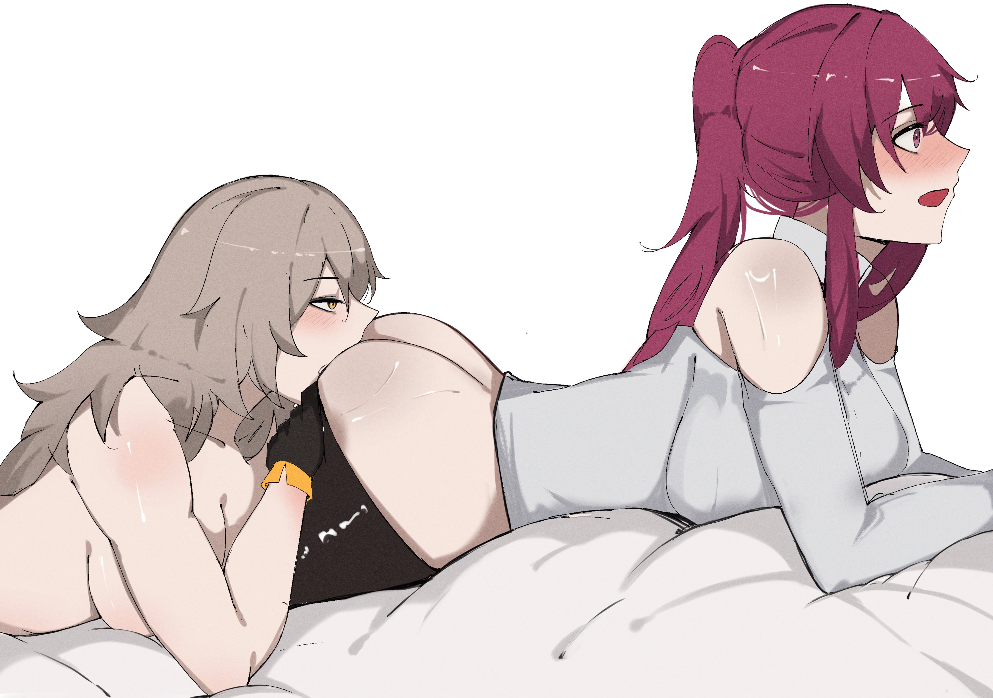 2girls, absurd res, absurdres, arnkun, brush, cunnilingus, female, gloves, half dressed, honkai (series), honkai: star rail, hoyoverse, kafka (honkai: star rail), lesbian, lesbian sex, licking pussy, long hair, lying on bed, mihoyo, ponytail, purple hair, pussy, silver hair, stelle (honkai: star rail), suprised, white background, yuri
