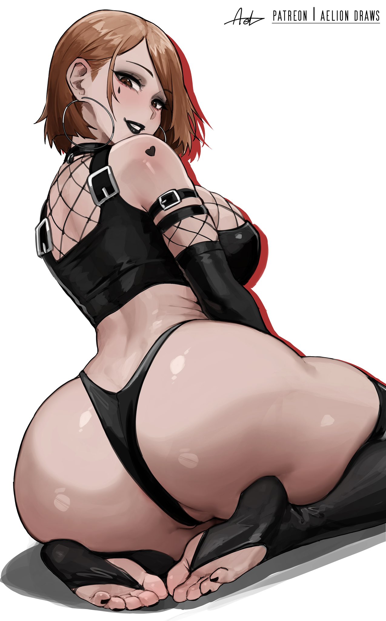 aelion_draws ass ass_focus black_lipstick colored feet female female_only goth goth_girl huge_ass jujutsu_kaisen kugisaki_nobara looking_back soles stirrup_legwear toeless_legwear