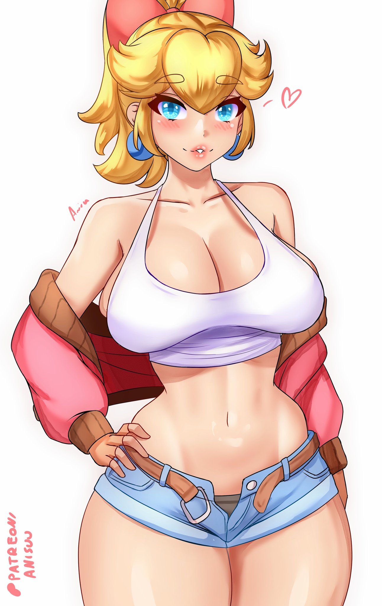 1girls, anisdrawn, belt, breasts, cleavage, female, female focus, female only, large breasts, light skin, light-skinned female, looking at viewer, mario (series), mario kart, mario kart world, midriff, nintendo, official alternate costume, open fly, princess peach, princess peach (touring), short shorts, shorts, solo, thick thighs, thighs, unbuttoned shorts, white background, wide hips