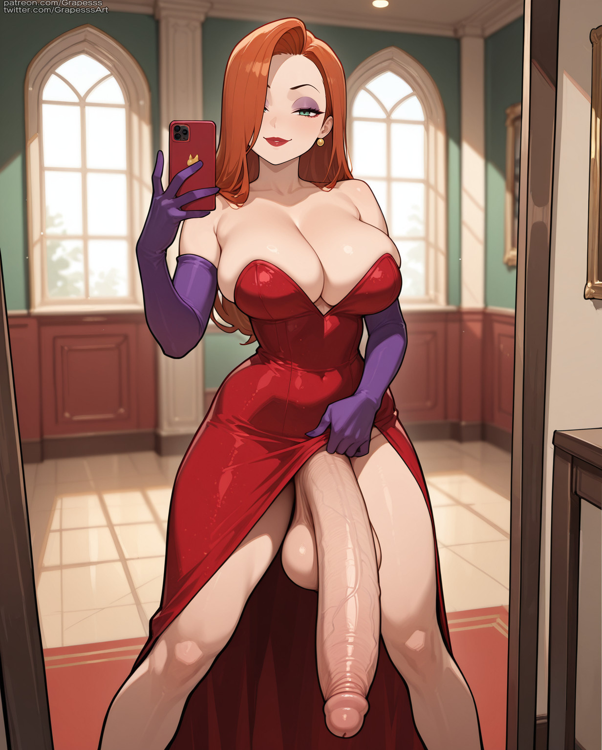 1futa, ai generated, breasts, futa only, futanari, grapesss, intersex, jessica rabbit, light skin, light-skinned futa, penis, selfie, who framed roger rabbit