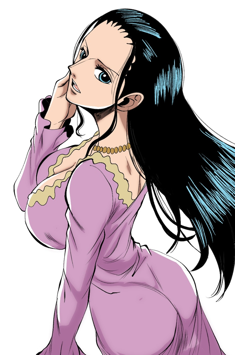 1girls, artist name, back view, big ass, big breasts, black hair, black-haired female, blue eyes, breasts, cleavage, female, female only, huge breasts, looking at viewer, looking back, necklace, nico robin, one piece, pink dress, post-timeskip, seductive, sexy, white background, yoonsmr