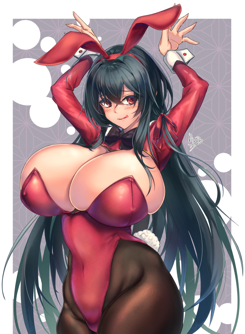 1girls ahoge animal_ears azur_lane bangs black_hair black_pantyhose blush bow bowtie breasts covered_navel cowboy_shot fake_animal_ears fake_rabbit_ears female female_only hair_between_eyes huge_breasts leotard licking_lips light-skinned_female light_skin pantyhose playboy_bunny rabbit_ears red_bow red_bowtie red_eyes red_leotard red_neckwear ryo_(sora-ryu) sakura_empire_(azur_lane) solo taihou_(azur_lane) tongue tongue_out twintails voluptuous wide_hips wrist_cuffs