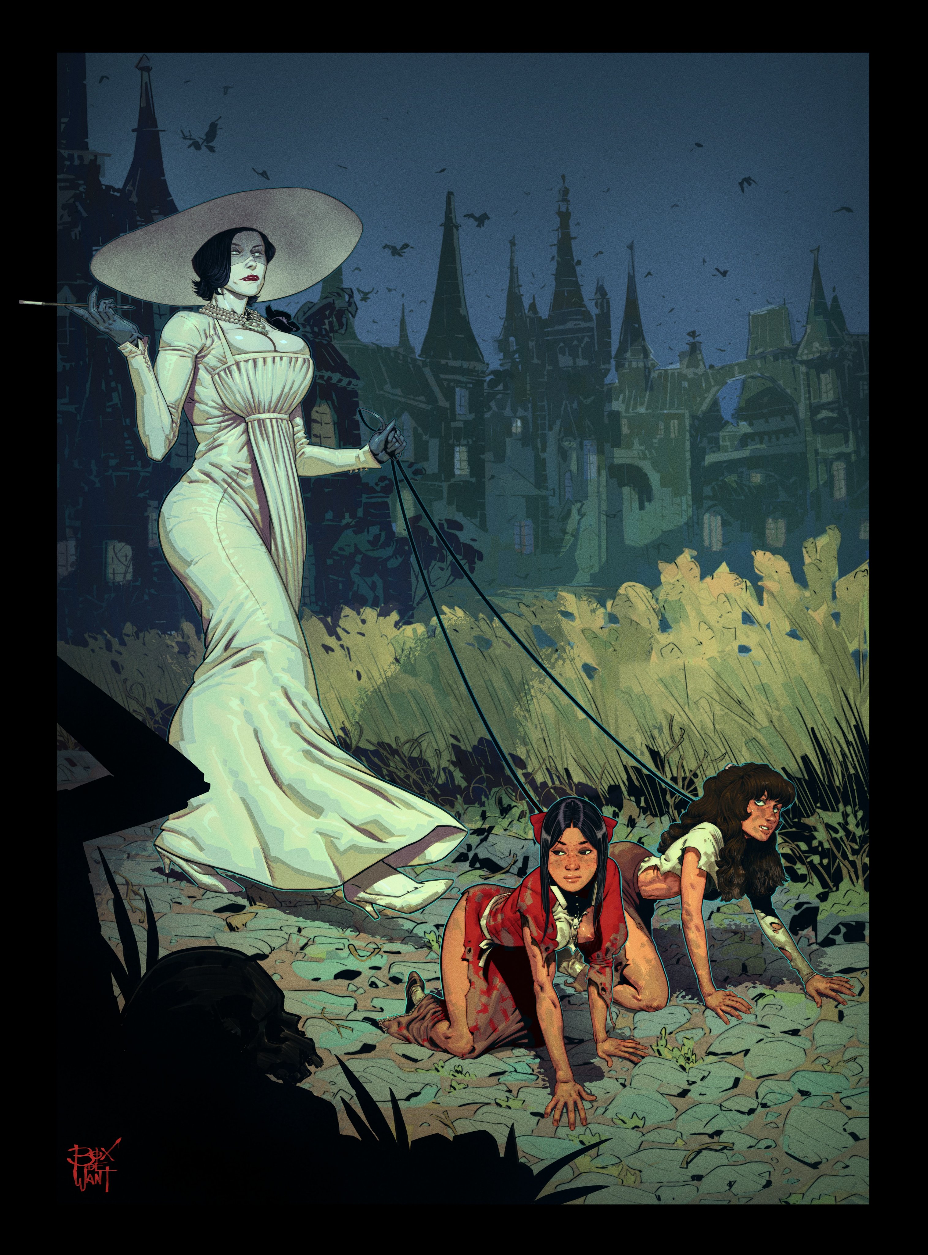 3girls, alcina dimitrescu, all fours, big breasts, bitch taken for walk, black hair, boxofwant, breasts, brown hair, castle, cleavage, commission, female, female only, femdom, height difference, large breasts, leash, leash and collar, outdoors, pet play, petplay, resident evil, resident evil 8: village, sun hat, torn clothes, white dress
