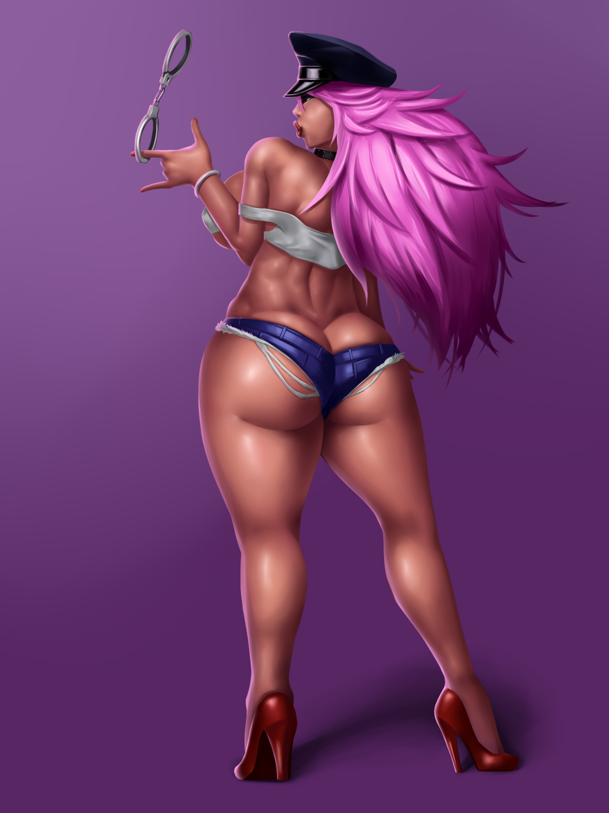 1girls, ass, ass cleavage, ass crack, ass hanging out, ass hanging out of shorts, booty shorts, bracelet, breasts, butt crack, cap, capcom, choker, cleavage, curvy, female, female only, final fight, handcuffs, high heels, hourglass figure, huge breasts, hyper, hyper ass, micro shorts, muscular, muscular female, peaked cap, pink hair, poison (final fight), rampage0118, short shorts, shorts, solo, standing, street fighter, tank top