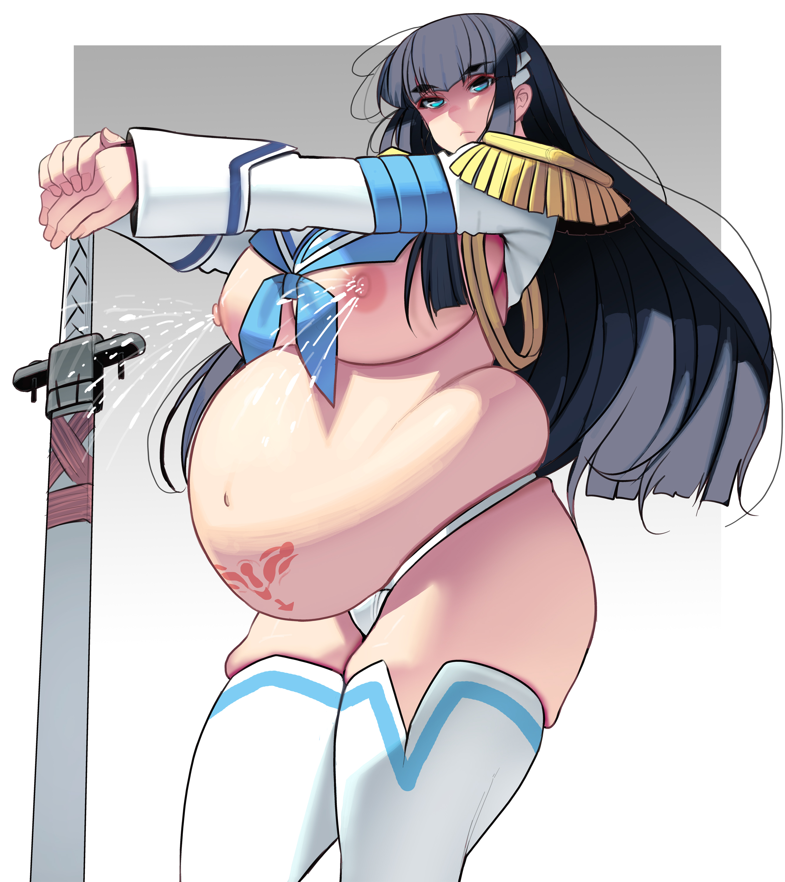 1girls, bangs, belly, big belly, big breasts, black hair, blue eyes, breasts, female, female only, huge breasts, kill la kill, kiryuuin satsuki, lactation, lactation without expressing, masao, nipples, pregnant, pubic tattoo, solo, super belly, sword, thick thighs, thighhighs
