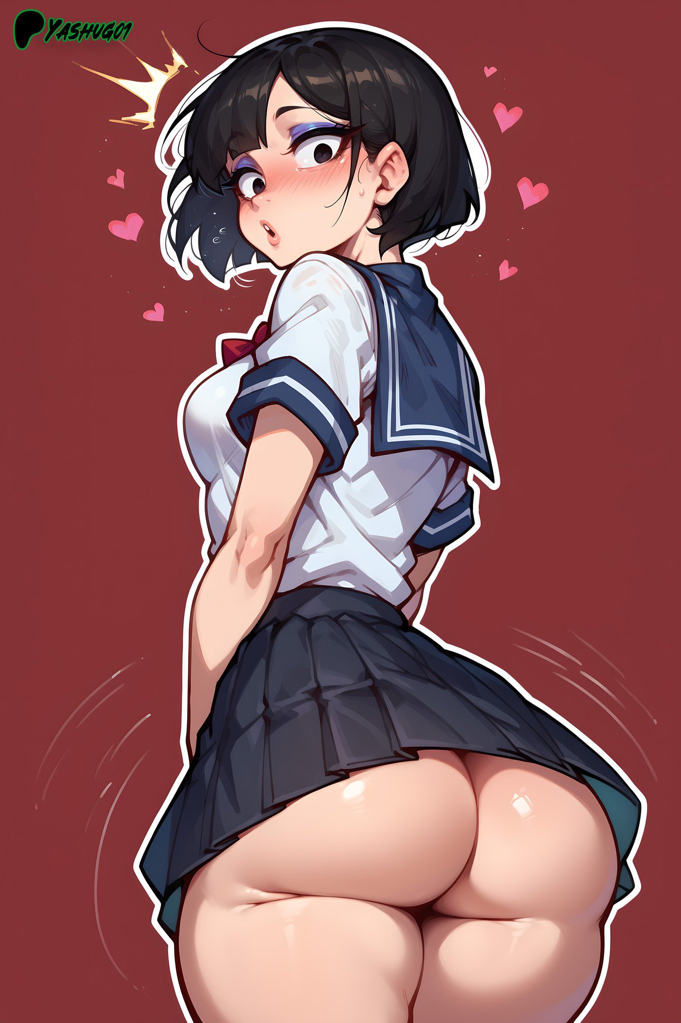 ai generated, asian, asian female, ass, athletic, athletic female, bare thighs, big ass, big butt, black eyes, black hair, blush, breasts, fat ass, female, female only, gigantic ass, huge thighs, light skin, light-skinned female, looking at viewer, massive ass, medium breasts, no panties, original, original character, sailor uniform, school uniform, schoolgirl, short hair, solo female, squatting, sweat, sweatdrop, thick thighs, thighs, upskirt, voluptuous, voluptuous female, yashugai