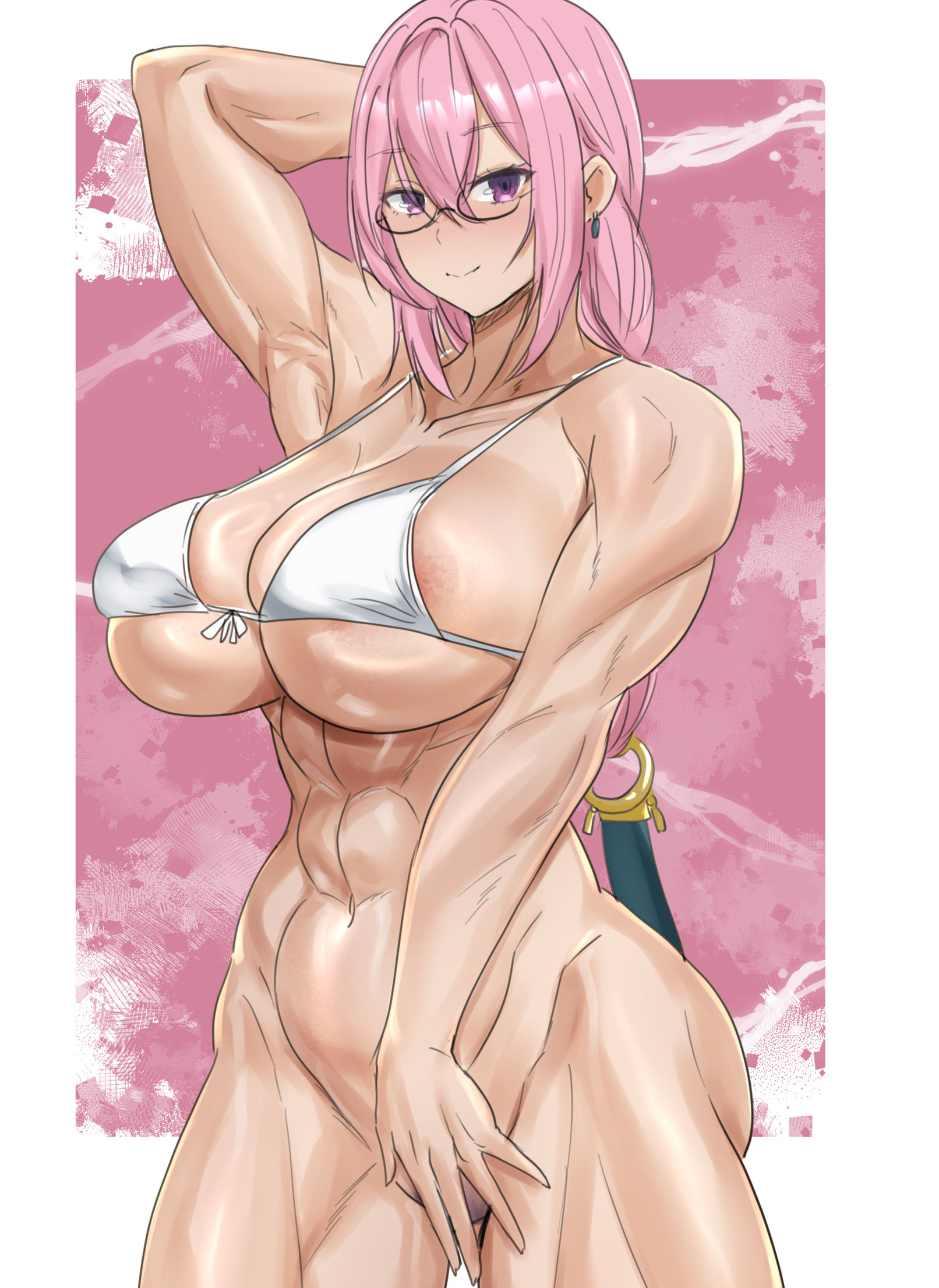abs, areola slip, bikini top, bottomless, breasts, female, female only, glasses, muscular, muscular female, pubic hair, teaindian, tsukishiro yanagi, zenless zone zero