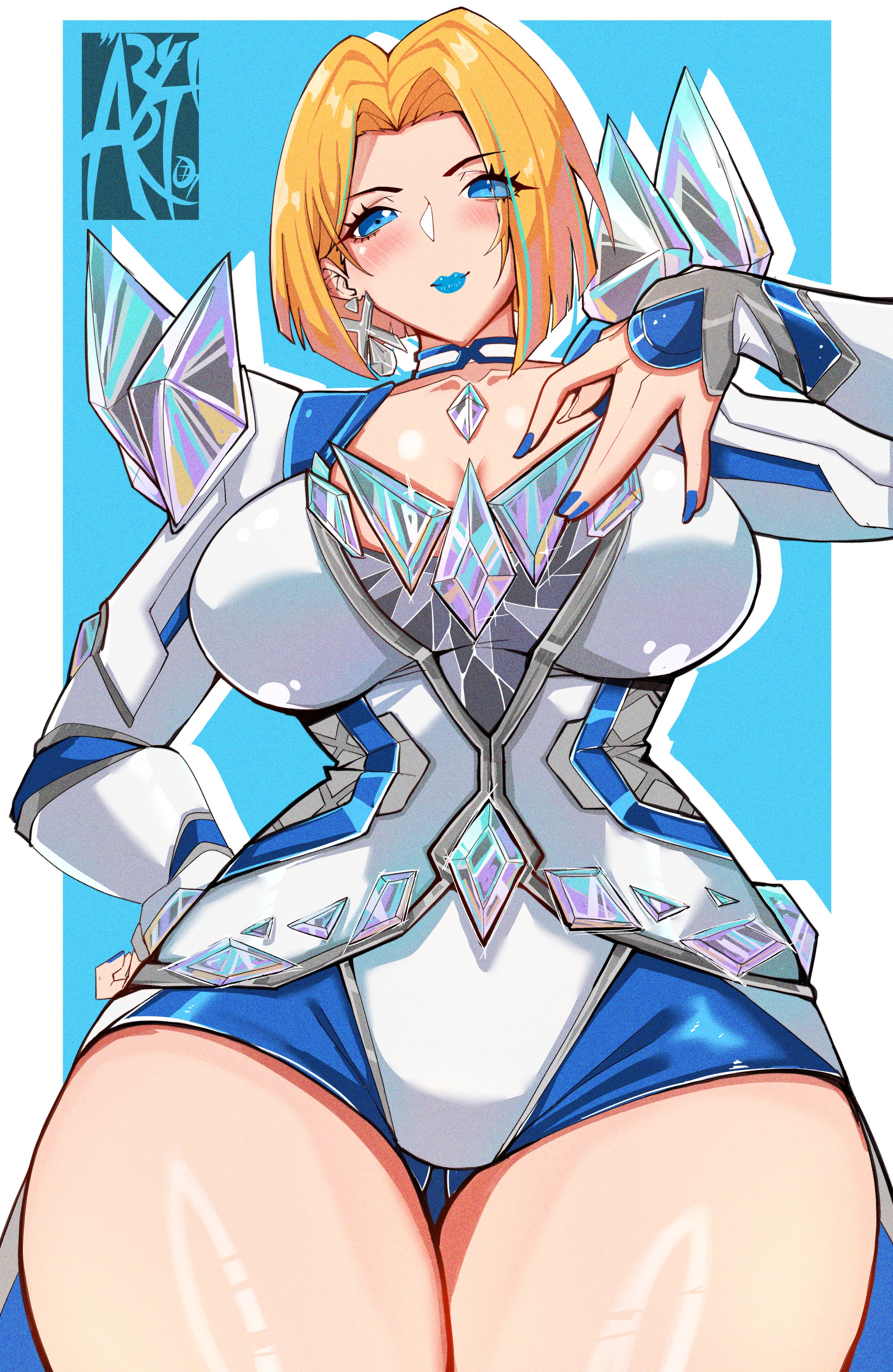 1girls, absurd res, amyia art, athletic, athletic female, athletic thighs, big breasts, blonde female, blonde hair, blue lipstick, blue nails, bob cut, breasts, emma frost, emma frost (marvel rivals), female, female focus, female only, hi res, large breasts, leotard, light skin, light-skinned female, looking at viewer, marvel, marvel comics, marvel rivals, thick thighs, thighs, wide hips