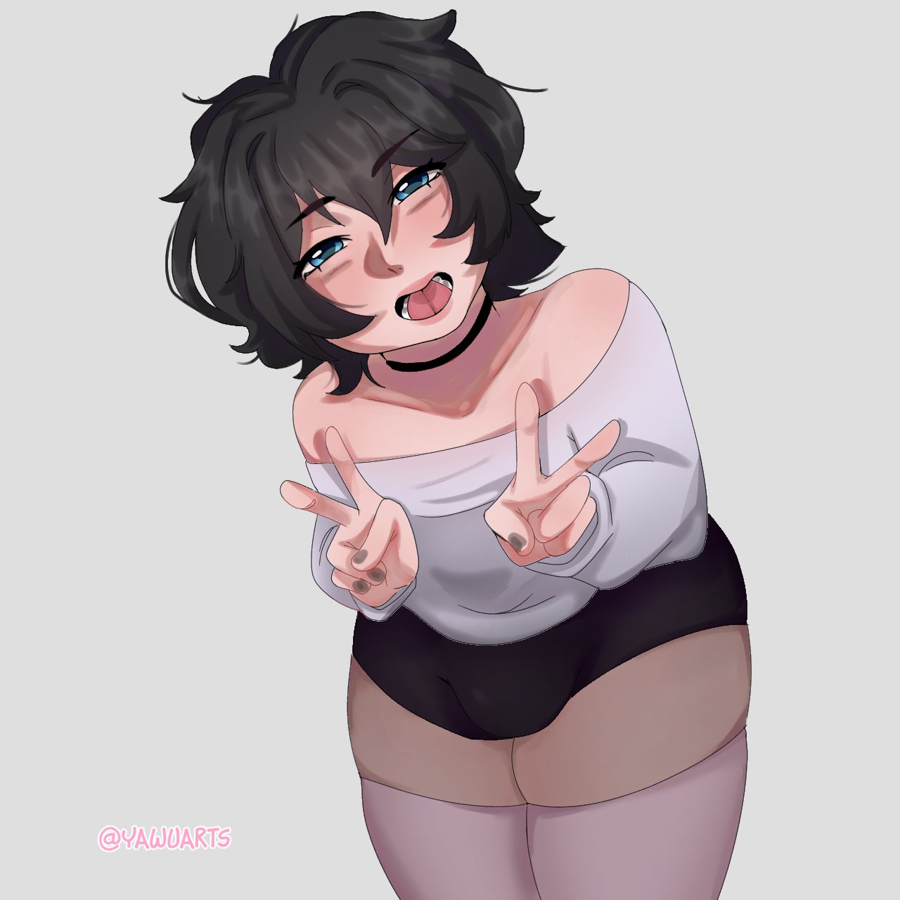 big thighs, black hair, blue eyes, clothing, curvaceous, femboy, male, male only, my femboy roommate, robin (my femboy roommate), short hair, solo male, thick thighs, thigh highs, yawuarts