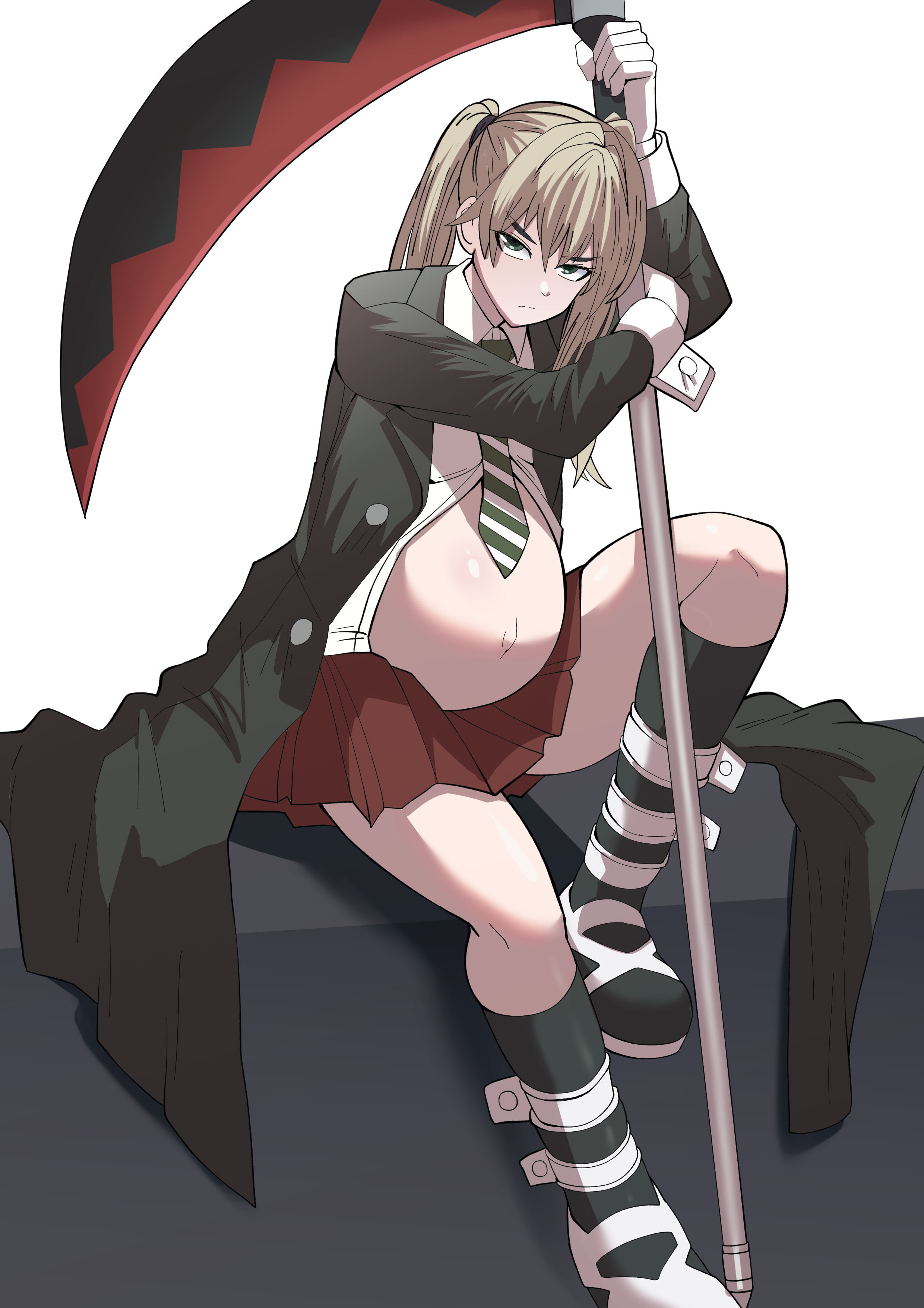 blonde female, blonde hair, female, female focus, female only, green eyes, kneesocks, leg up, looking at viewer, maka albarn, open jacket, open shirt, outie navel, pregnant, pregnant female, scythe, sitting, skirt, soul eater, thick thighs, thighs, tie, twintails, yuhancyan