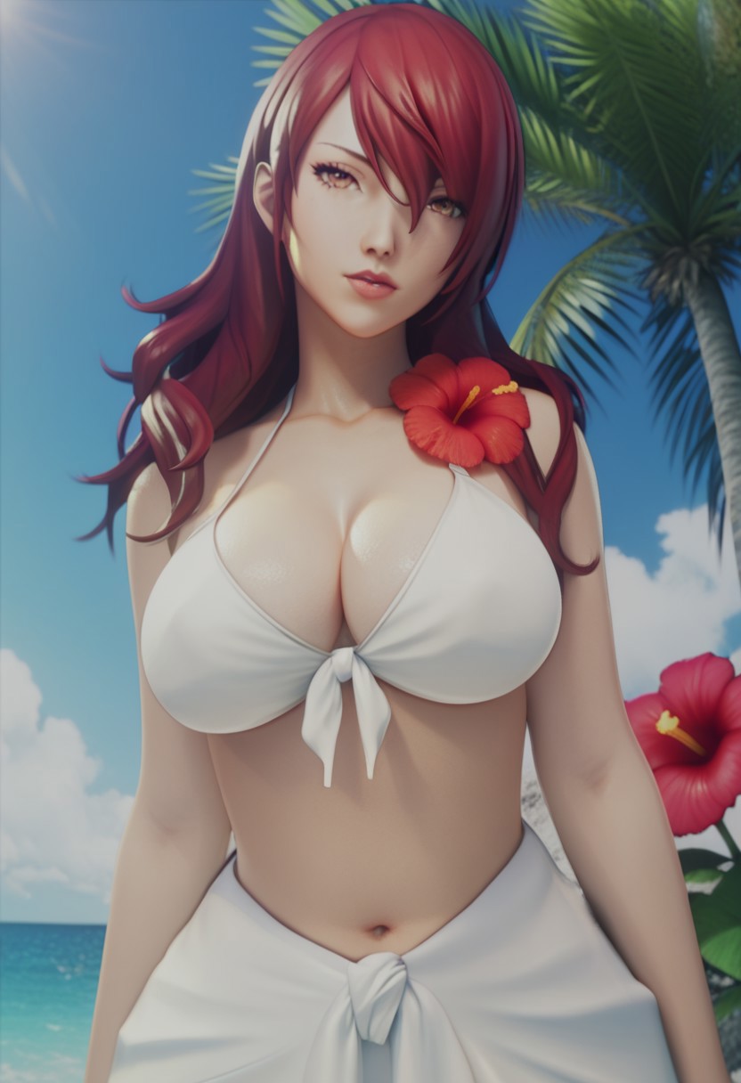1girls, 3d, ai generated, beach, beach background, big breasts, bikini, breasts, female, female focus, female only, huge breasts, kirijou mitsuru, light skin, light-skinned female, long hair, mitsuru kirijo, mitsuru kirijo (swimsuit), persona, persona 3, persona 3 reload, red hair, sodaglow artist, solo female, swimsuit, thick body, white bikini