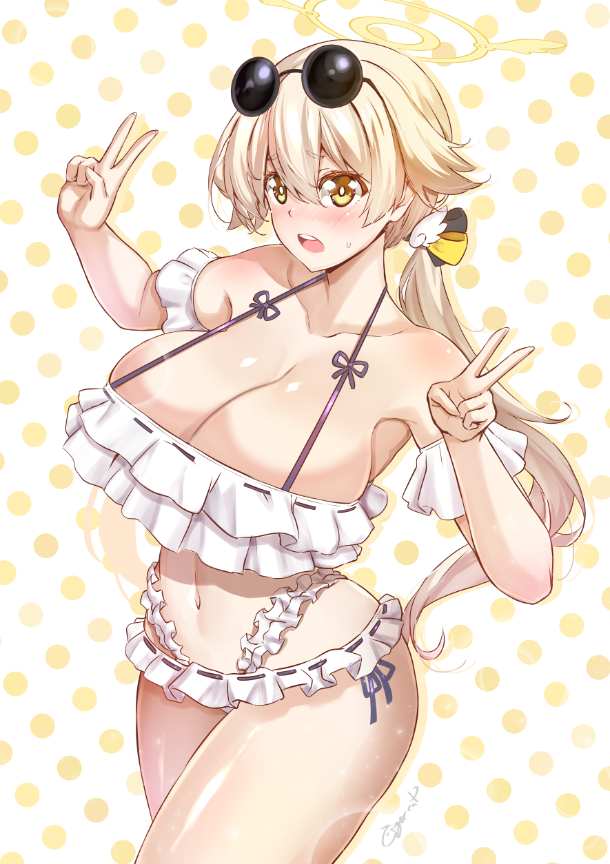 1girls, alternate breast size, bare shoulders, bikini, blonde hair, blue archive, blush, breasts, brown eyes, cigar cat, cleavage, collarbone, eyewear on head, female, female only, frilled bikini, frills, hair ornament, halo, hifumi (blue archive), hifumi (swimsuit) (blue archive), highres, large breasts, long hair, looking at viewer, low twintails, make-up work club (blue archive), navel, off shoulder, off-shoulder bikini, open mouth, ribbon trim, ribbon-trimmed bikini, round eyewear, solo, sunglasses, swimsuit, thighs, trinity general school student, twintails, white bikini, wing hair ornament