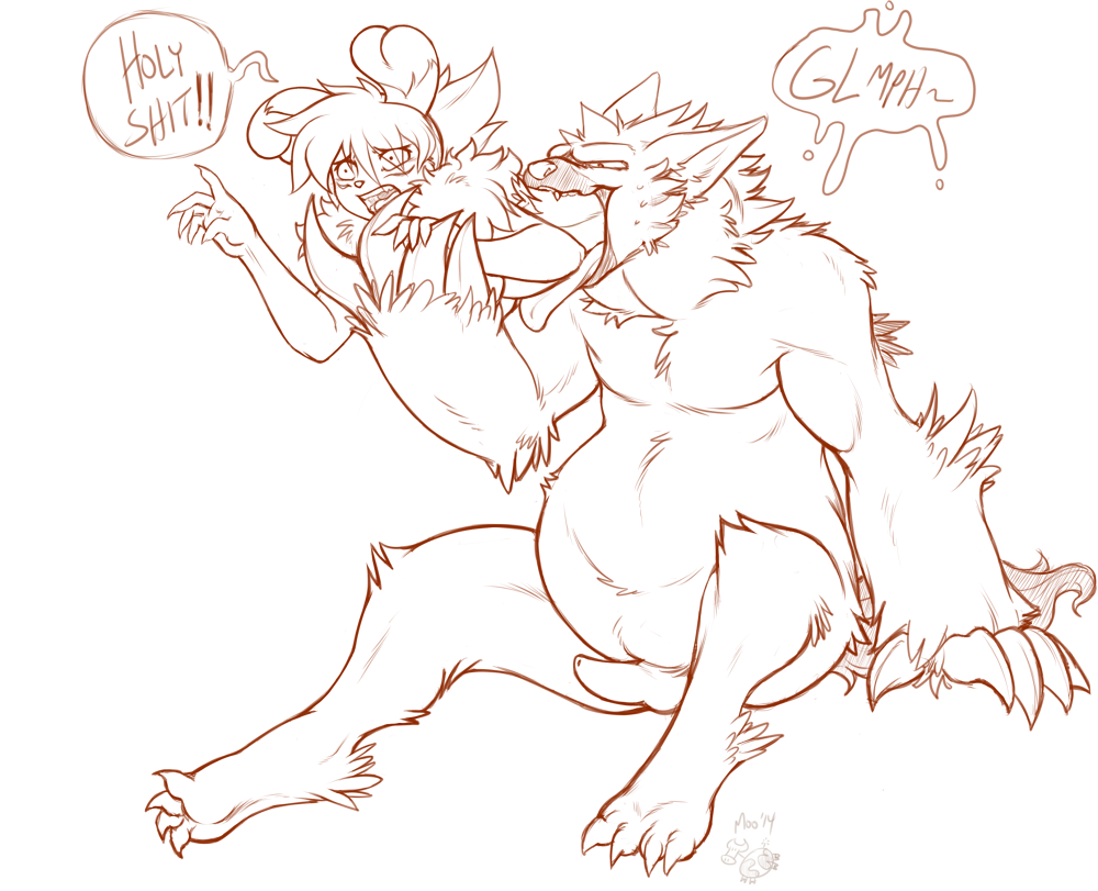 anthro belly big_belly canine claws cownugget dialogue erection mammal penis sitting soft_vore vore were werewolf whit