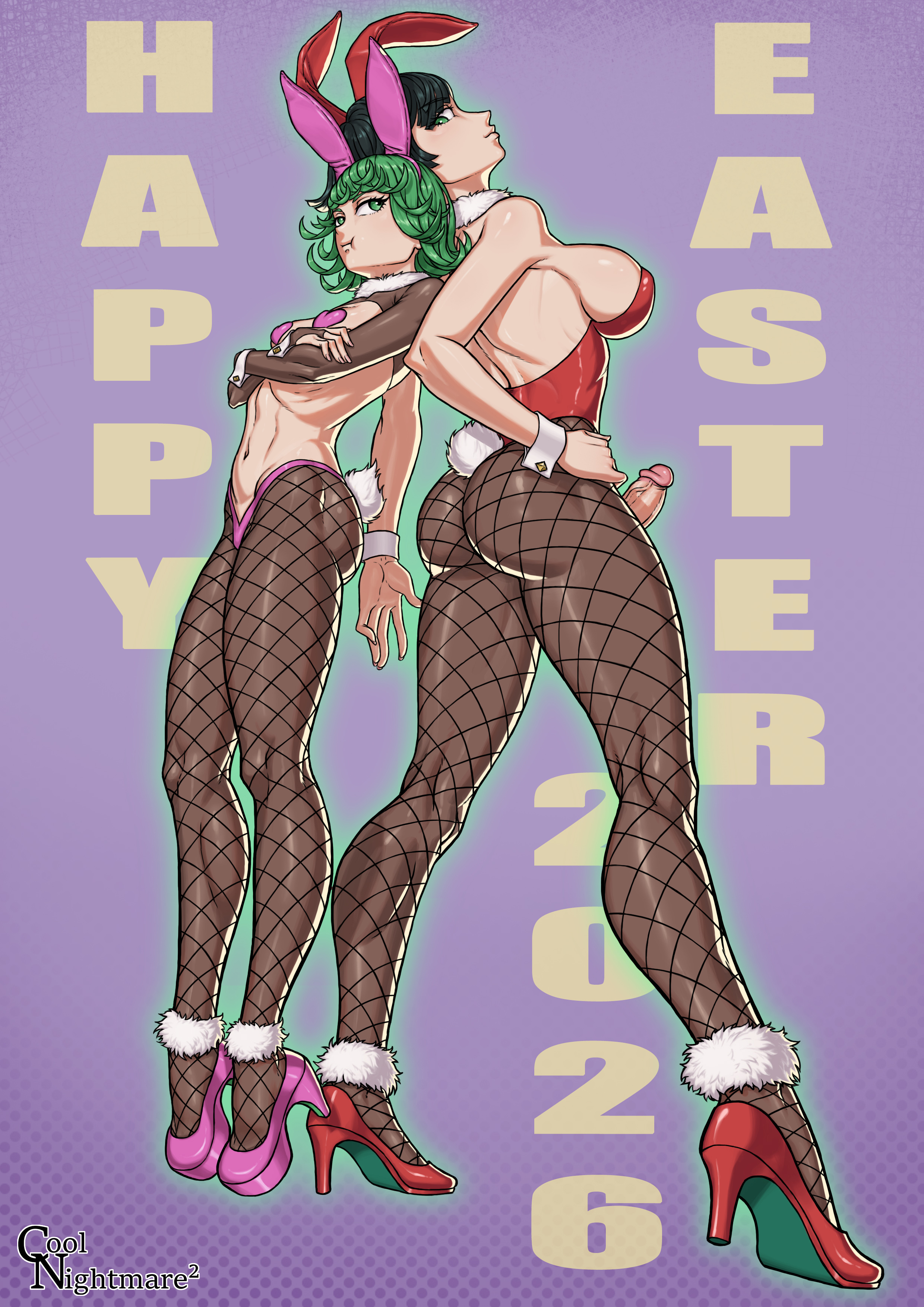 1futa, 1girls, 2026, 2d, abs, alternate version available, animal ears, artist logo, artist name, big breasts, black eyeliner, bubble butt, bunny ears, bunny girl, bunny tail, bunnysuit, child bearing hips, cleavage, cleavage cutout, clothed female, clothing, clothing cutout, coolnightmare2, curvaceous female, easter, english text, eyeliner, fake animal ears, female, fishnet stockings, fishnets, fubuki (one-punch man), functionally nude, functionally nude futanari, futa with female, futanari, green eyes, green hair, green skin, heart pasties, high heels, hourglass figure, huge ass, huge breasts, huge cock, huge testicles, imminent incest, incest, large ass, large breasts, large penis, large testicles, larger female, light skin, light-skinned female, light-skinned futanari, looking at partner, looking back, looking pleasured, makeup, navel, nipple pasties, nude, nude futanari, one punch man, one-punch man, pale skin, pale-skinned female, pale-skinned futanari, partially clothed, pasties, pink high heels, red high heels, reverse bunnysuit, short hair, sister, sisters, size difference, skin tight, skindentation, small breasts, small but hung, smaller futa, tatsumaki, thick thighs, tight clothes, tight fit, toned, toned female, toned futanari, veins, veiny penis
