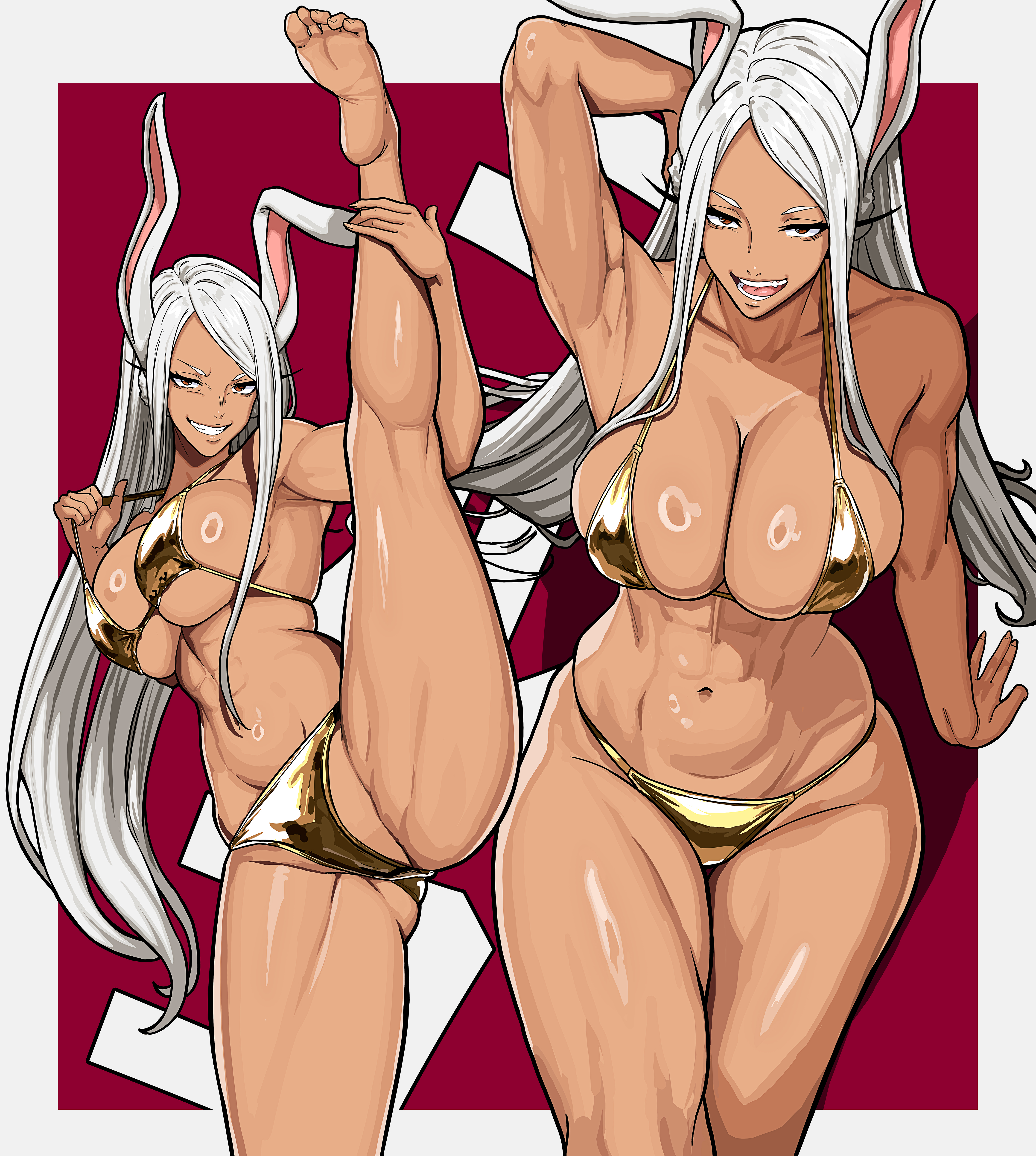 1girls, abs, absurdres, artist request, big breasts, boku no hero academia, cleavage, collarbone, commentary, dark skin, dark-skinned female, english commentary, feet, gold bikini, gold swimsuit, gold swimwear, golden bikini, golden swimsuit, golden swimwear, highres, large breasts, long eyelashes, long hair, looking at viewer, mikey pie, mikeypieart, mirko, miruko, multiple views, muscular, muscular arms, muscular female, my hero academia, navel, one leg raised, one leg up, open mouth, parted bangs, rabbit ears, rabbit girl, red eyes, sidelocks, smile, soles, solo, split, standing, standing on one leg, standing split, stomach, strap pull, swimsuit, thick thighs, thighs, toes, toned, toned female, very long hair, white border, white hair
