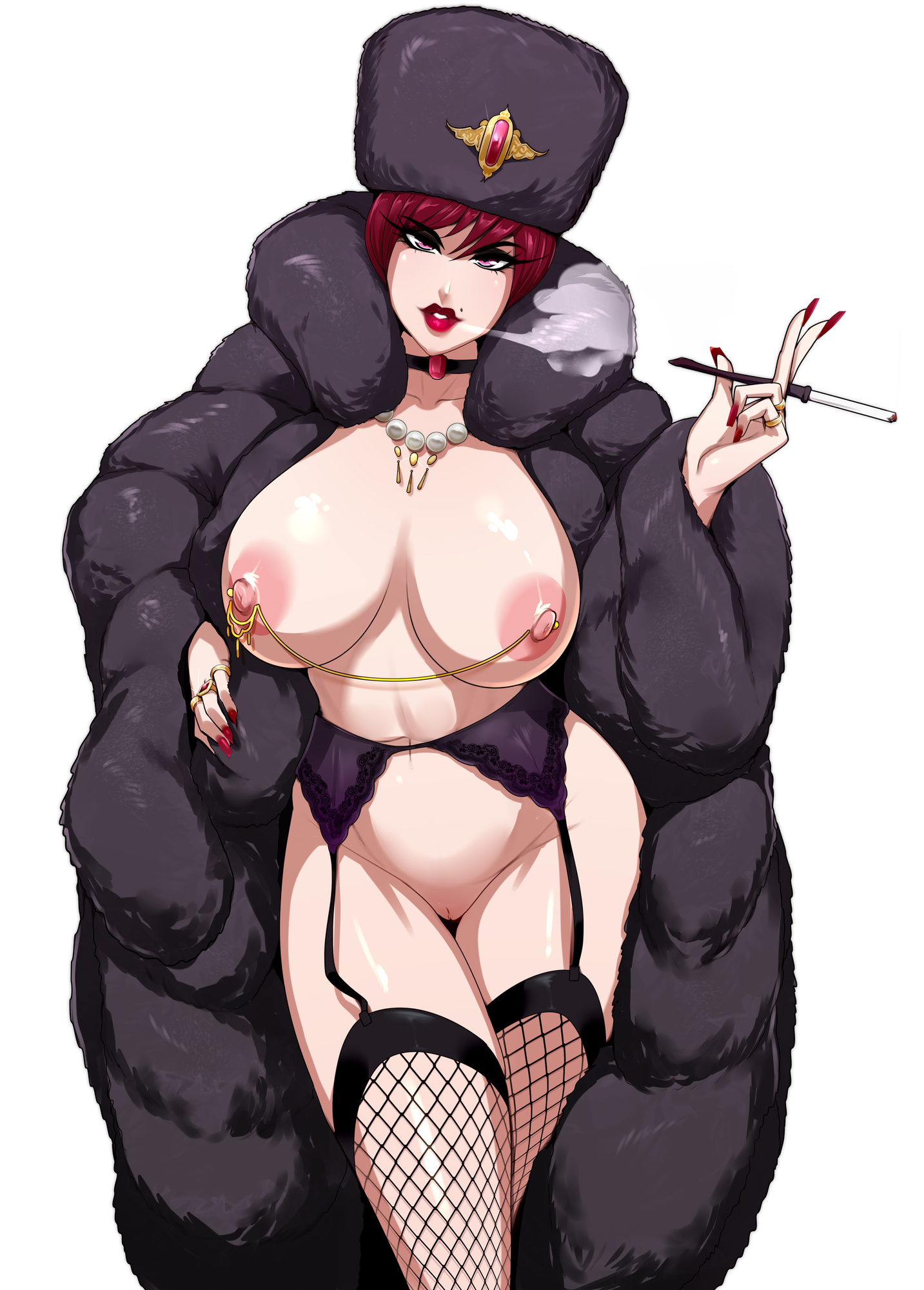 1girls, areolae, big breasts, breasts, choker, cigarette, cleavage, eyelashes, female, female only, fishnet stockings, fur coat, fur hat, garter belt, garter straps, hat, hi res, light skin, light-skinned female, looking at viewer, mole, mole above mouth, narrowed eyes, nipple chain, nipple piercing, nipple rings, nipples, no panties, nofuture, pearl necklace, pink eyes, pussy, red hair, red lipstick, red nail polish, ring, smoking, solo, stockings, white background