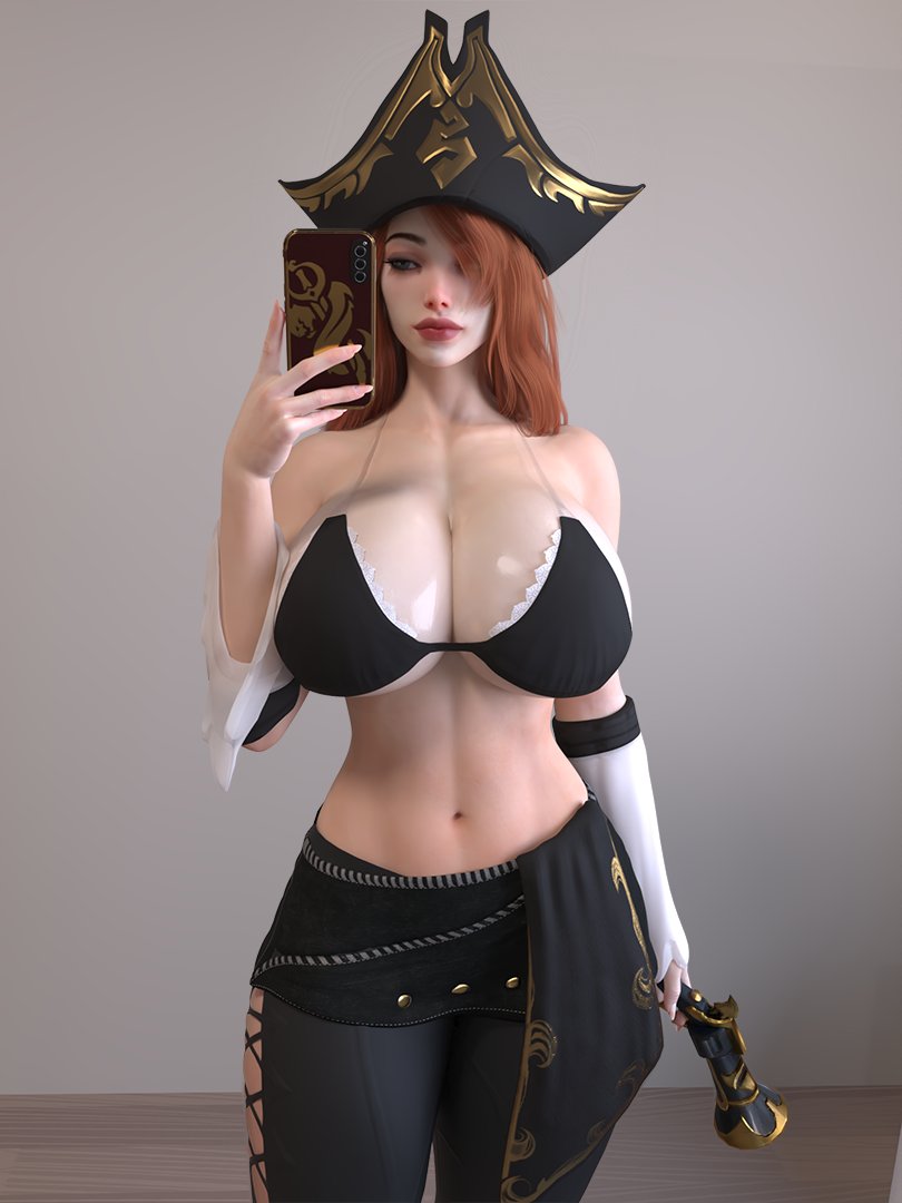1girls, 3d, big breasts, breasts, cellphone, cleavage, female, firearm, green eyes, gun, hat, headwear, huge breasts, league of legends, light skin, light-skinned female, long fingernails, long hair, long nails, miss fortune, phone, pirate hat, popogori, red hair, riot games, selfie, smartphone, solo