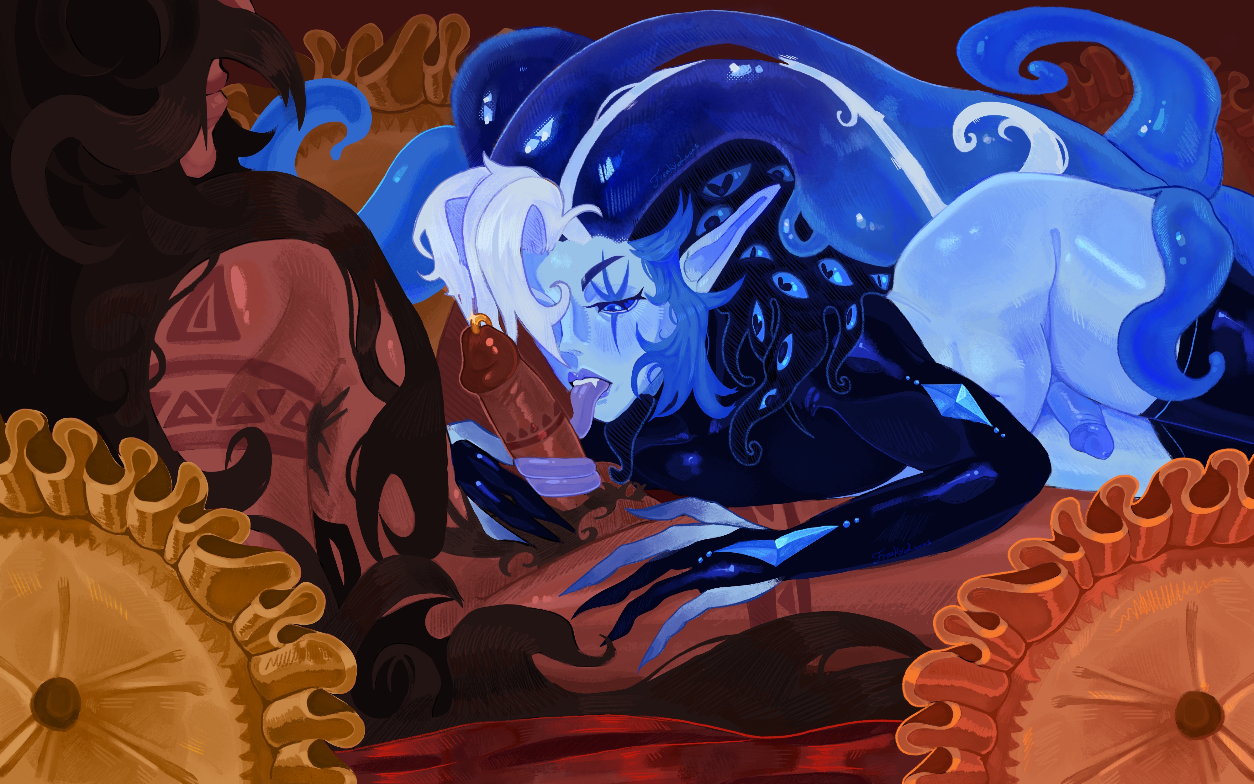 2026, 2boys, belly, black clothing, black hair, blanket, blowjob, blowjob face, blowjob only, blue body, blue eyes, blue hair, blue skin, body hair, brown hair, burning spice cookie, bushy pubes, clothing, cookie run, cookie run kingdom, crop top, detailed, elf ears, eyelashes, eyes half open, femboy, gay, heart eyes, hi res, large ass, large penis, latex, long hair, male only, male/male, multicolored hair, pierced genitals, piercing, pillow, pillows, prince albert piercing, purple lipstick, red background, red body, red skin, rendered, sex, shadow milk cookie, shiny hair, shiny skin, tattoo, thigh highs, thighs, tounge out, white hair, yaoi