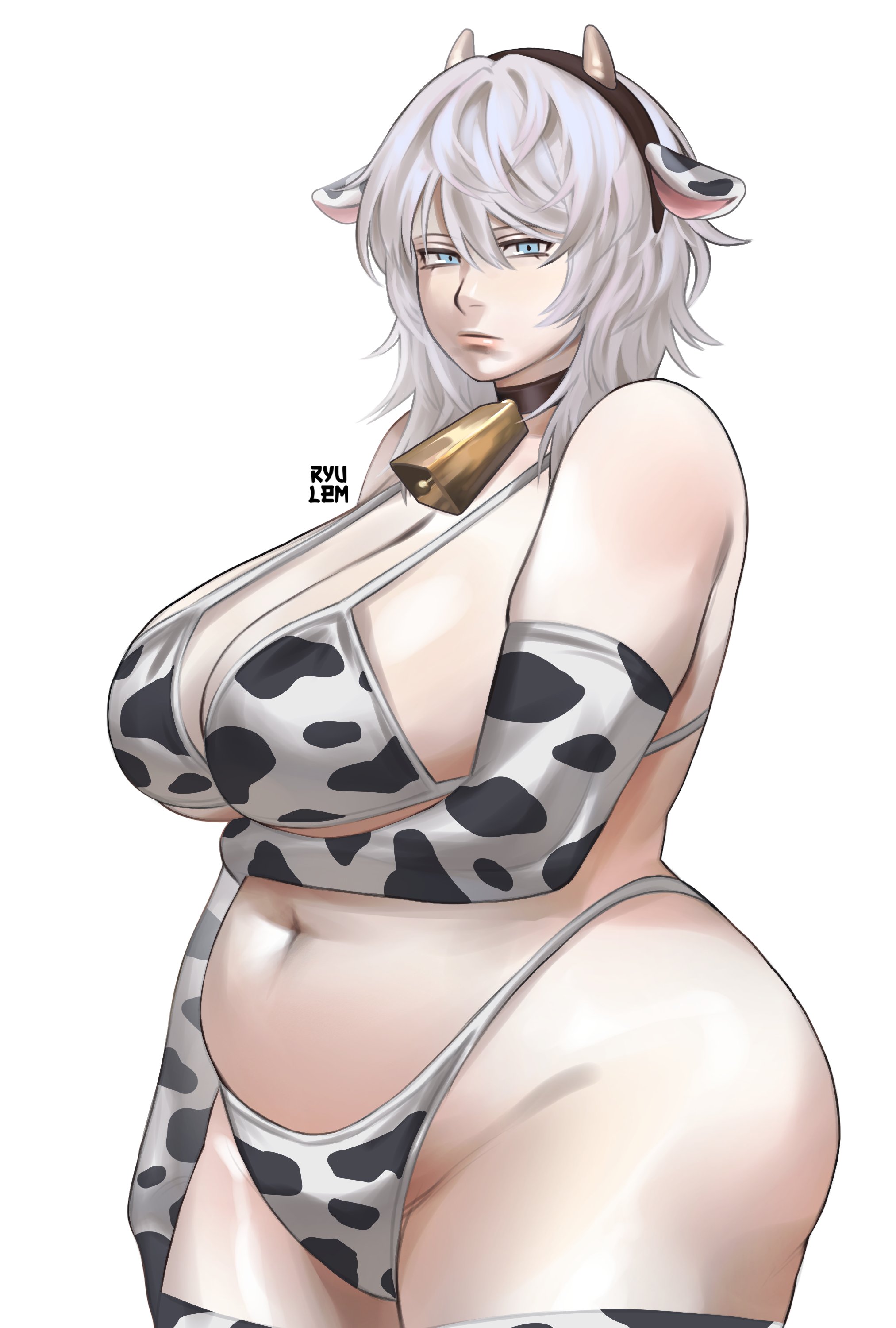 1girls, 2d, 2d (artwork), big breasts, bikini, breasts, chubby, chubby female, cow bikini, fat, faust (limbus company), female, female focus, female only, large boobs, large breasts, limbus company, looking at viewer, mature, mature female, mature woman, project moon, ryulem, swimsuit, swimwear, thick thighs, thighs, white hair, white hair female