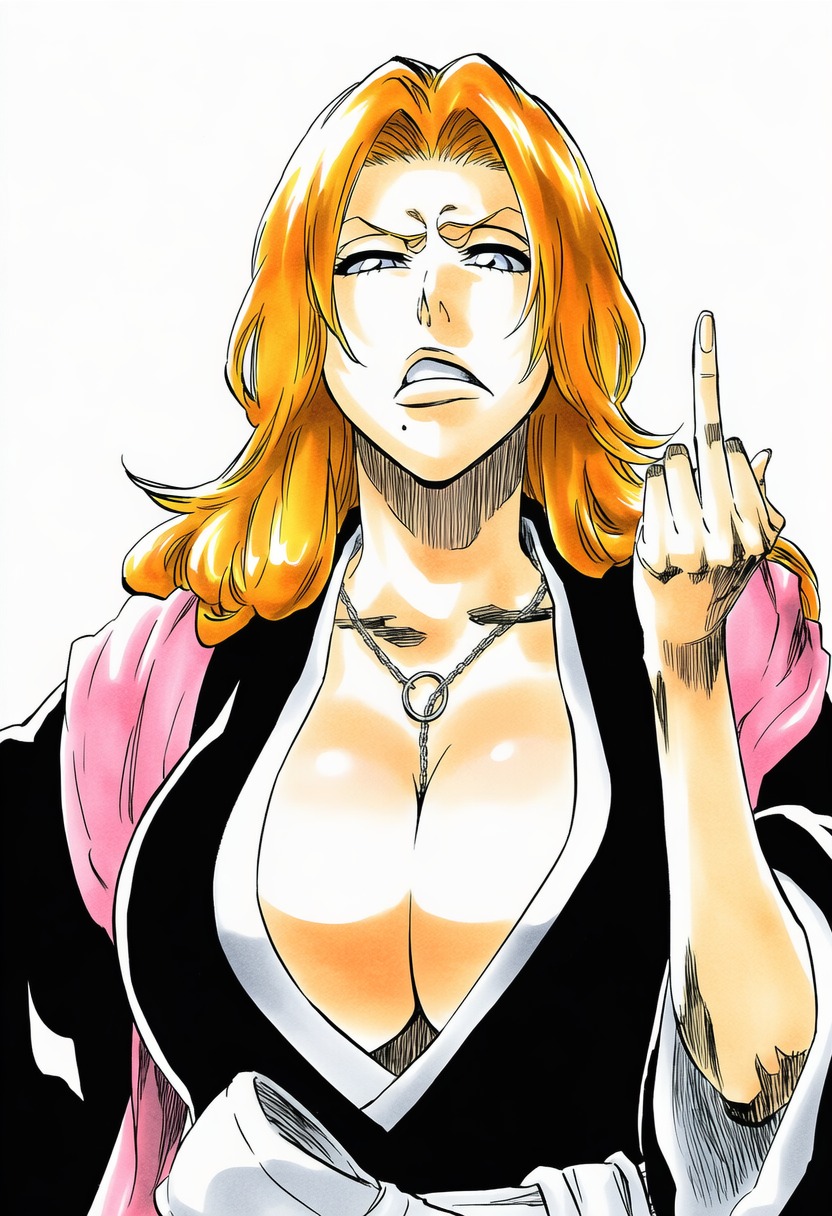 1girls, accurate art style, accurate body type, ai generated, angry, between breasts, big breasts, black kimono, bleach, blue eyes, breasts, busty, cel shading, chain necklace, chains, cleavage, cleavage focus, clenched teeth, clothed, clothing, collarbone, facing viewer, female, female focus, female only, flipping off, from below, front view, frown, hair over shoulder, half-closed eyes, hand up, haori, highres, japanese clothes, jewelry, kimono, large breasts, light skin, light-skinned female, line art, long hair, looking at viewer, manga style, matsumoto rangiku, mature female, middle finger, mole, mole under mouth, necklace, neutral expression, no bra, orange hair, parted lips, pink scarf, portrait, sash, scarf, scowl, shawl, shihakusho, shinigami, shiny hair, shiny skin, simple background, smile, smirk, solo, solo focus, teeth, tite kubo style, traditional clothes, upper body, viewed from below, wavy hair, white background, white sash, wide sleeves