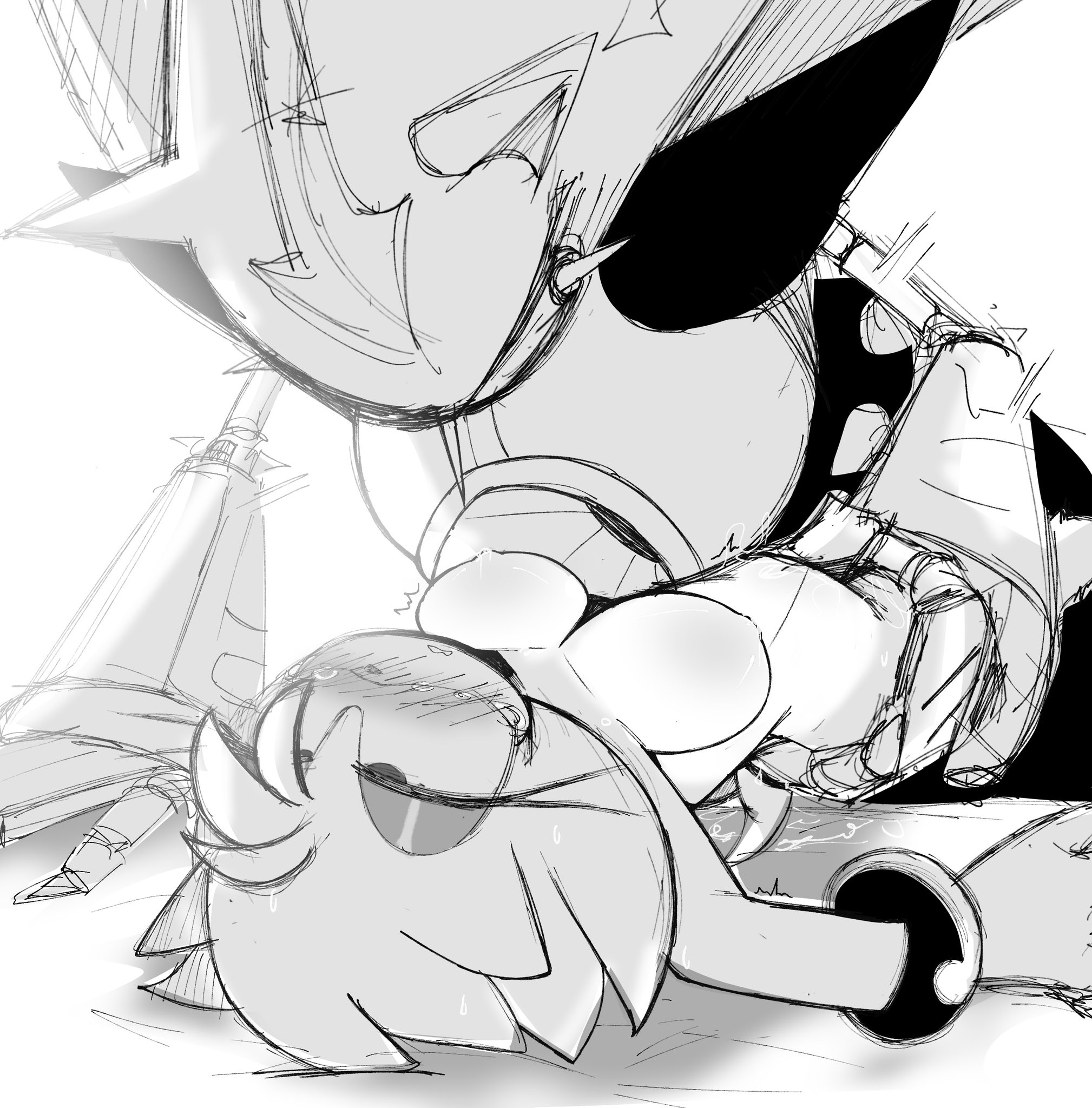 1boy, 1girls, 6xxny, amy rose, blush, grabbing leg, larger male, metal sonic, monochrome, neo metal sonic, on back, robot, robot boy, size difference, sketch, sonic (series), sonic heroes, sonic the hedgehog (series), tears of pleasure, tremble spikes, trembling, vaginal penetration